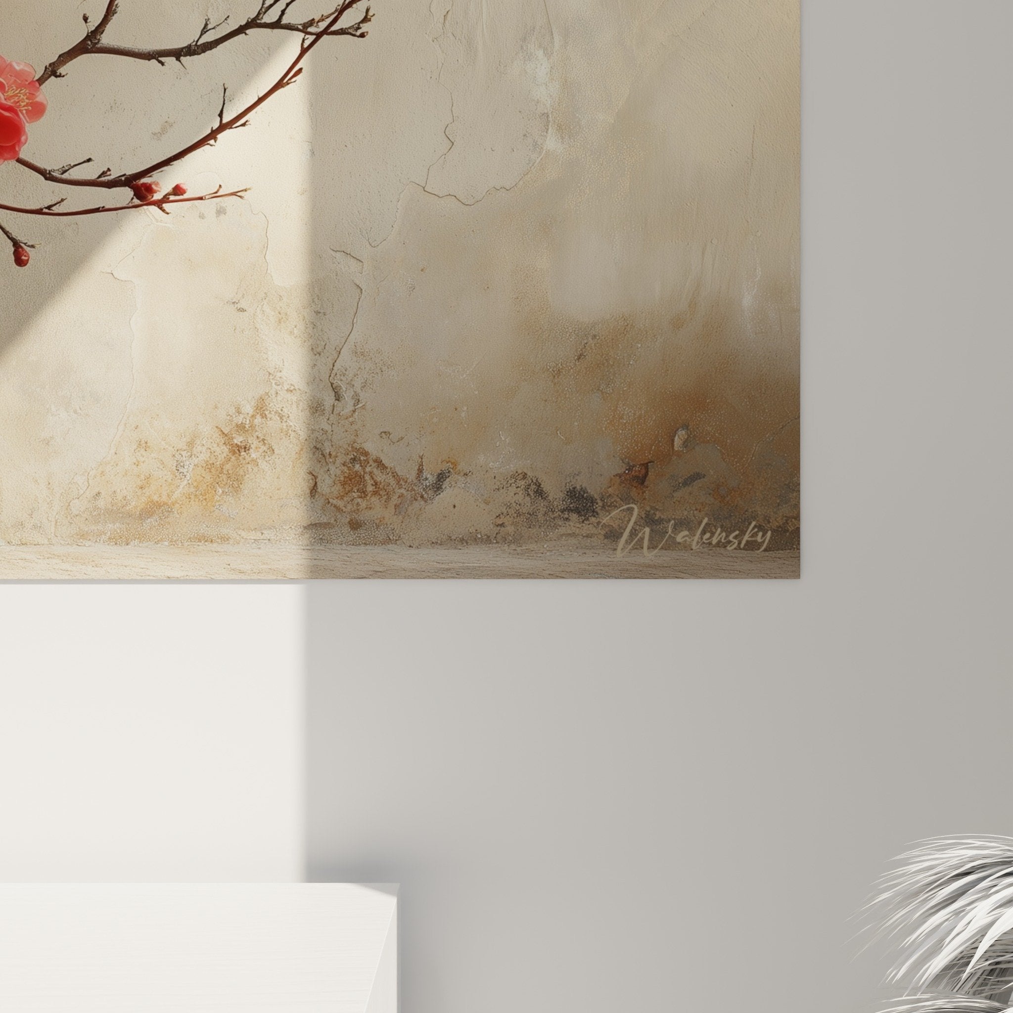 Vue ensemble tableau ikebana salon decoration murale vase ceramique fleurs rouges style zen minimaliste elegant