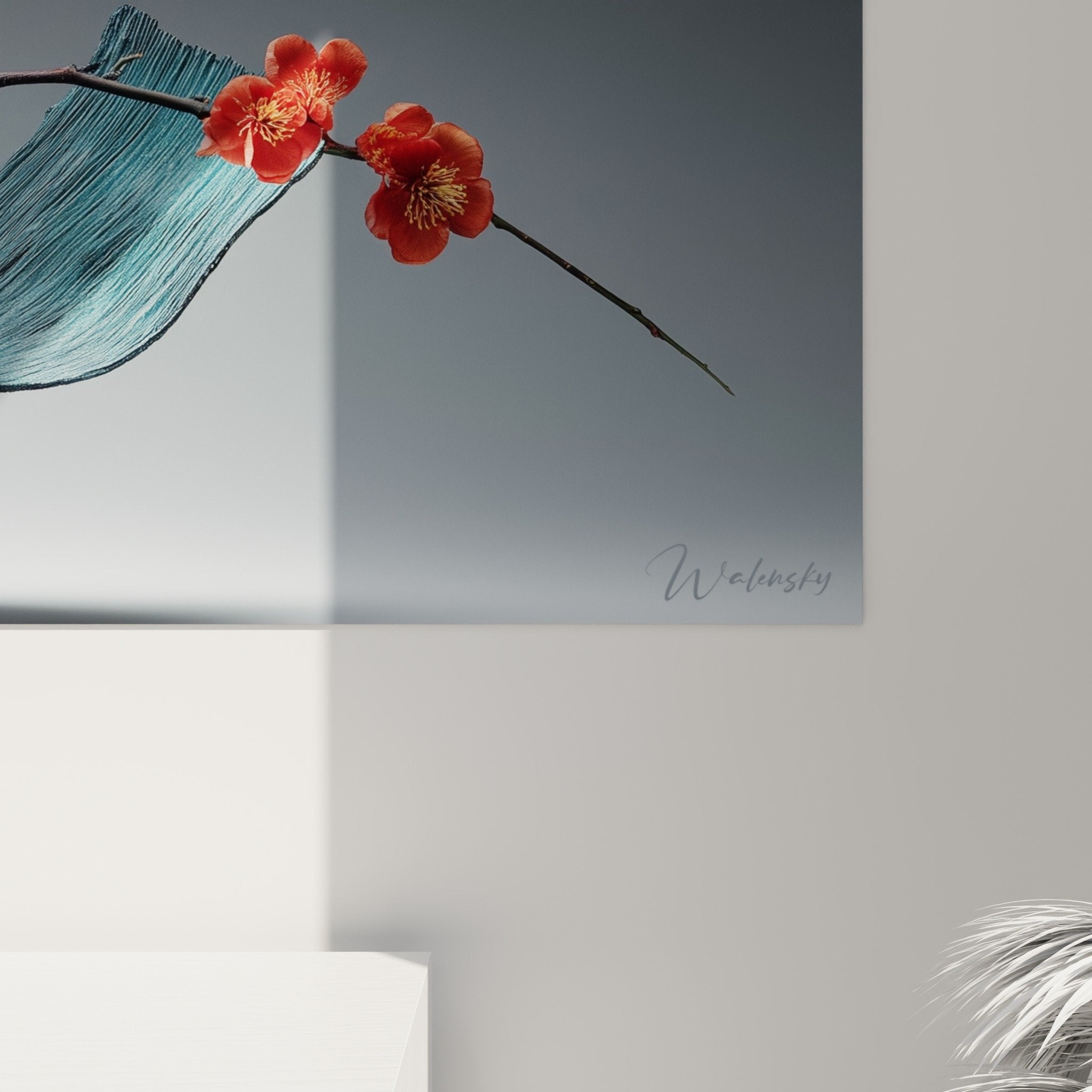 Full view ikebana wall art modern living room sculptural black vase red cherry blossom zen wall decoration