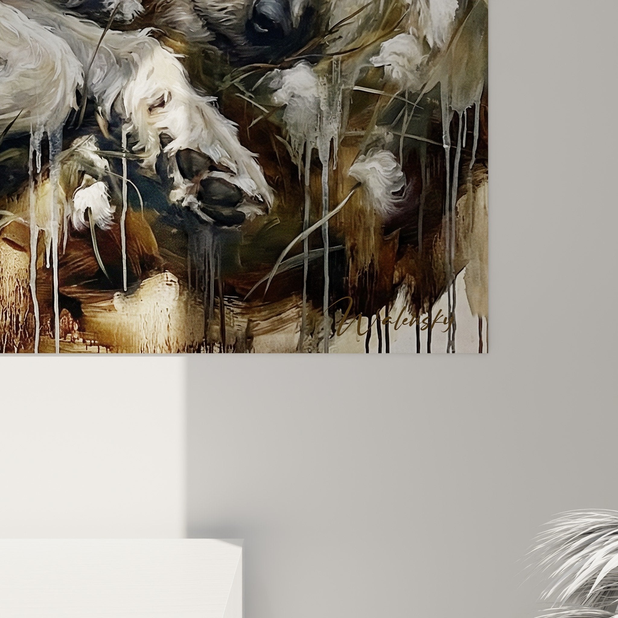 vue ensemble tableau irish wolfhound champs coton hivernal decoration murale art canin contemporain beige