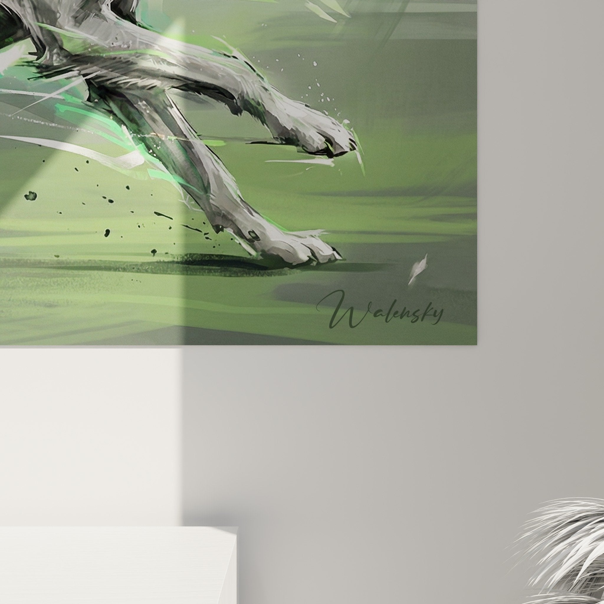 Vue ensemble tableau Irish Wolfhound course énergies vertes décoration murale art contemporain