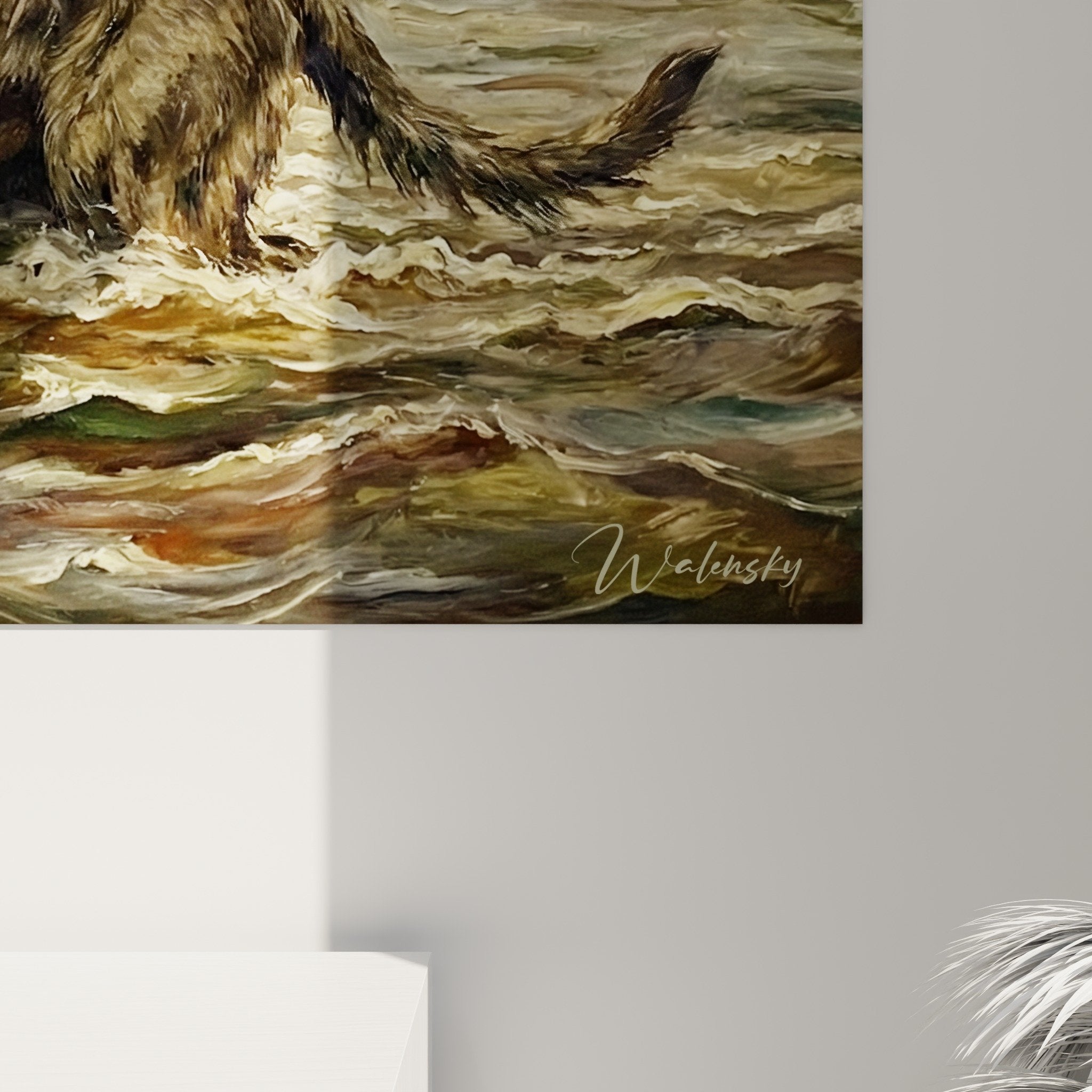 Gesamtansicht Gemälde Irish Wolfhound dramatische Szene Fluss Schlossruinen goldenes Licht Dämmerung keltische Kunst