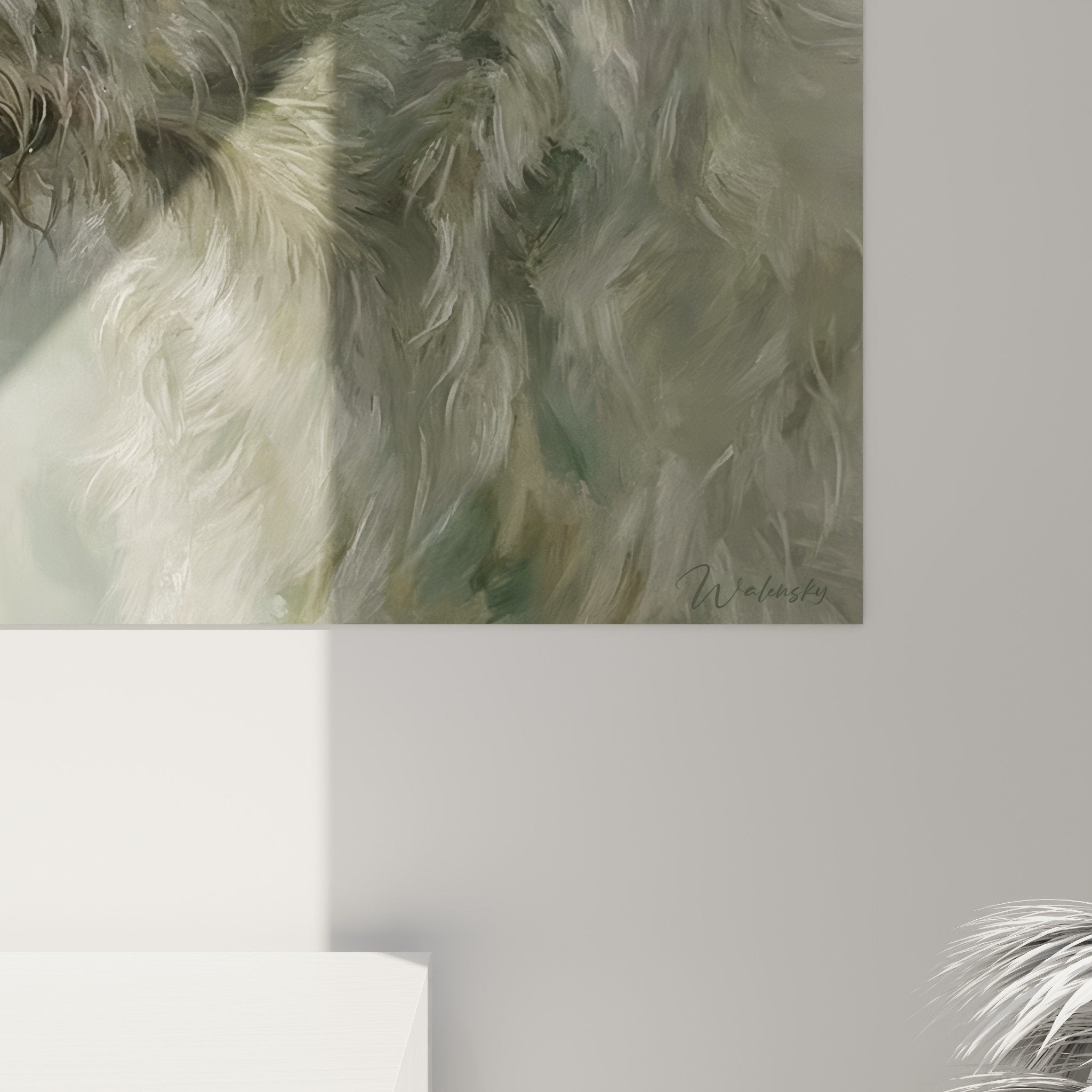 Vue ensemble tableau levrier irlandais gris perle decoration interieur raffinee