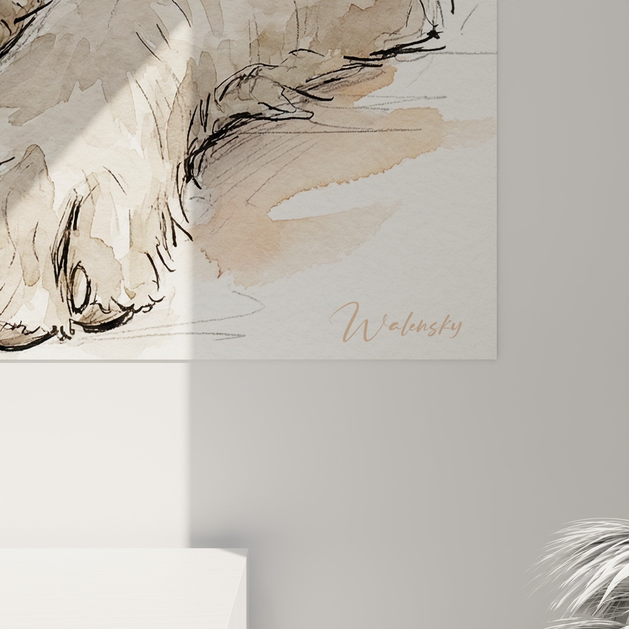 Gesamtansicht Wandgemälde Irish Wolfhound Kätzchen Schutzinstinkt dekorative Kunst beige