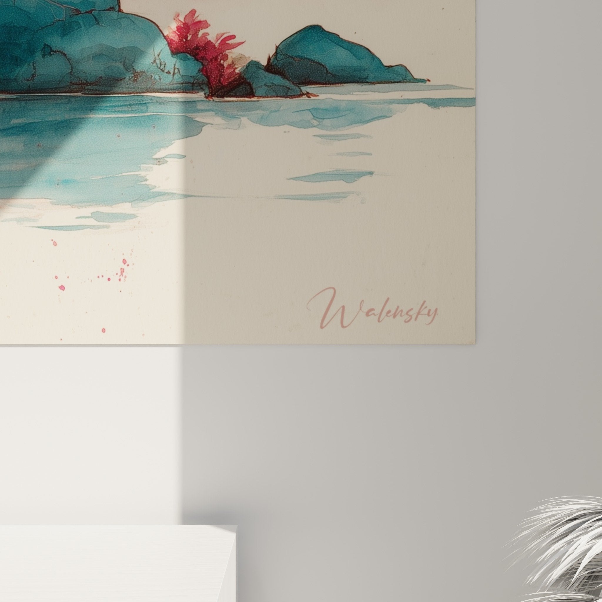 full view japanese pagoda autumn painting red coral turquoise blue oriental decor watercolor