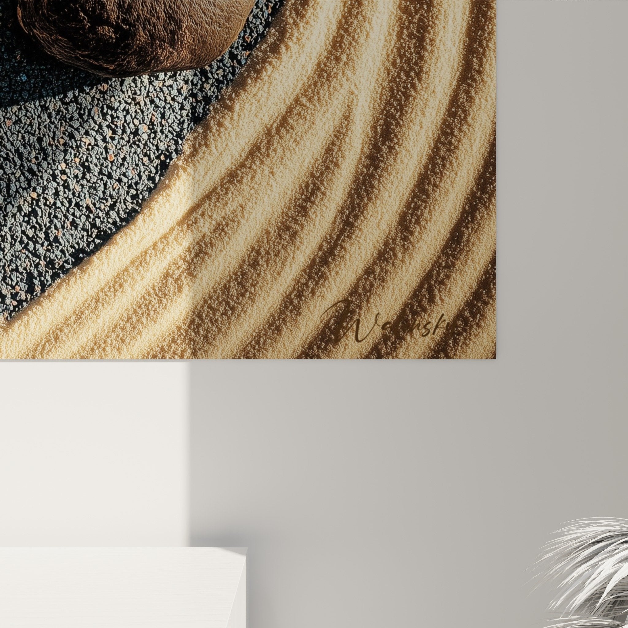 vue ensemble tableau jardin zen mural decoration interieure pierres sable ocre motifs zen meditation