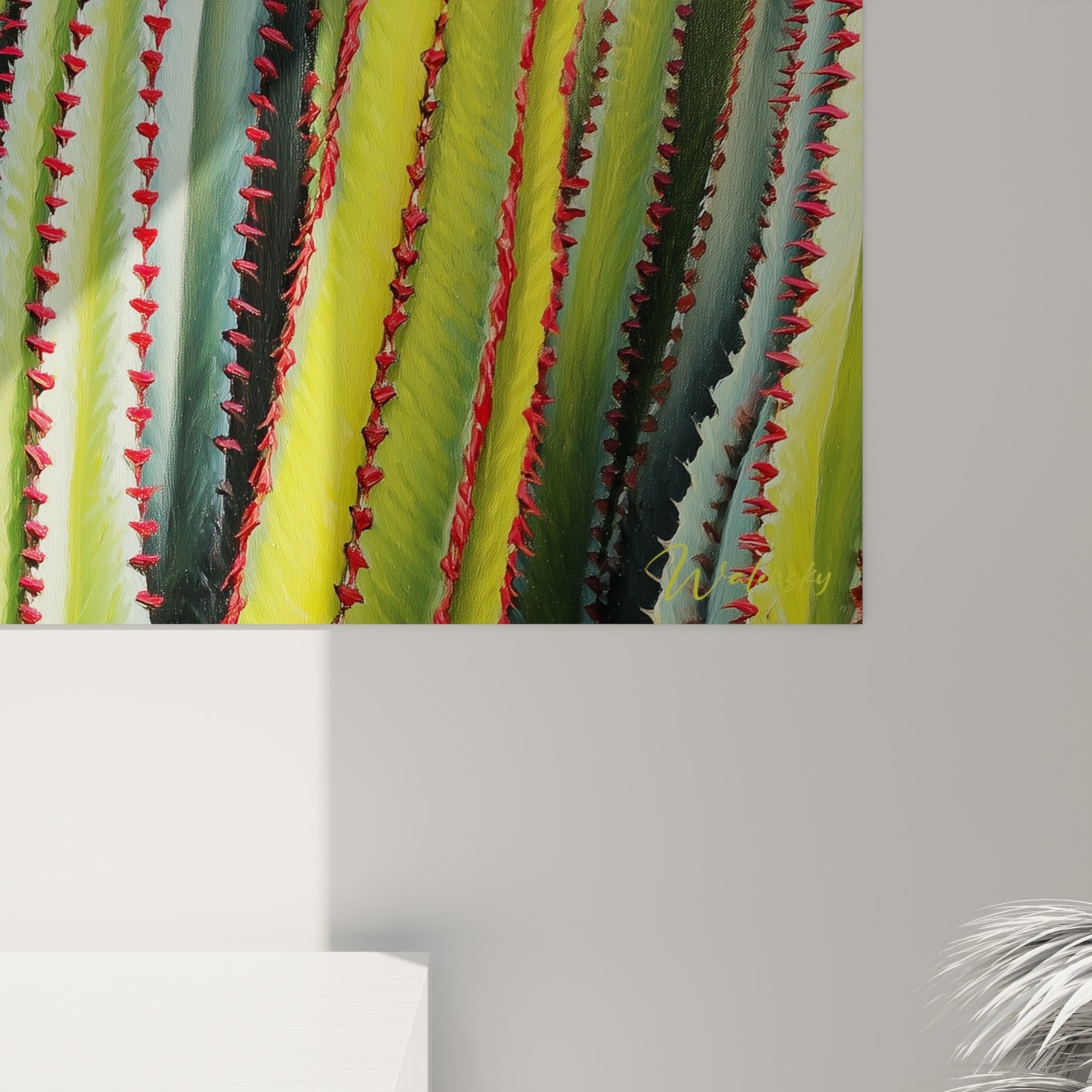 Vue ensemble tableau panoramique jungle stylisée cubisme feuilles vertes rouges décoration murale