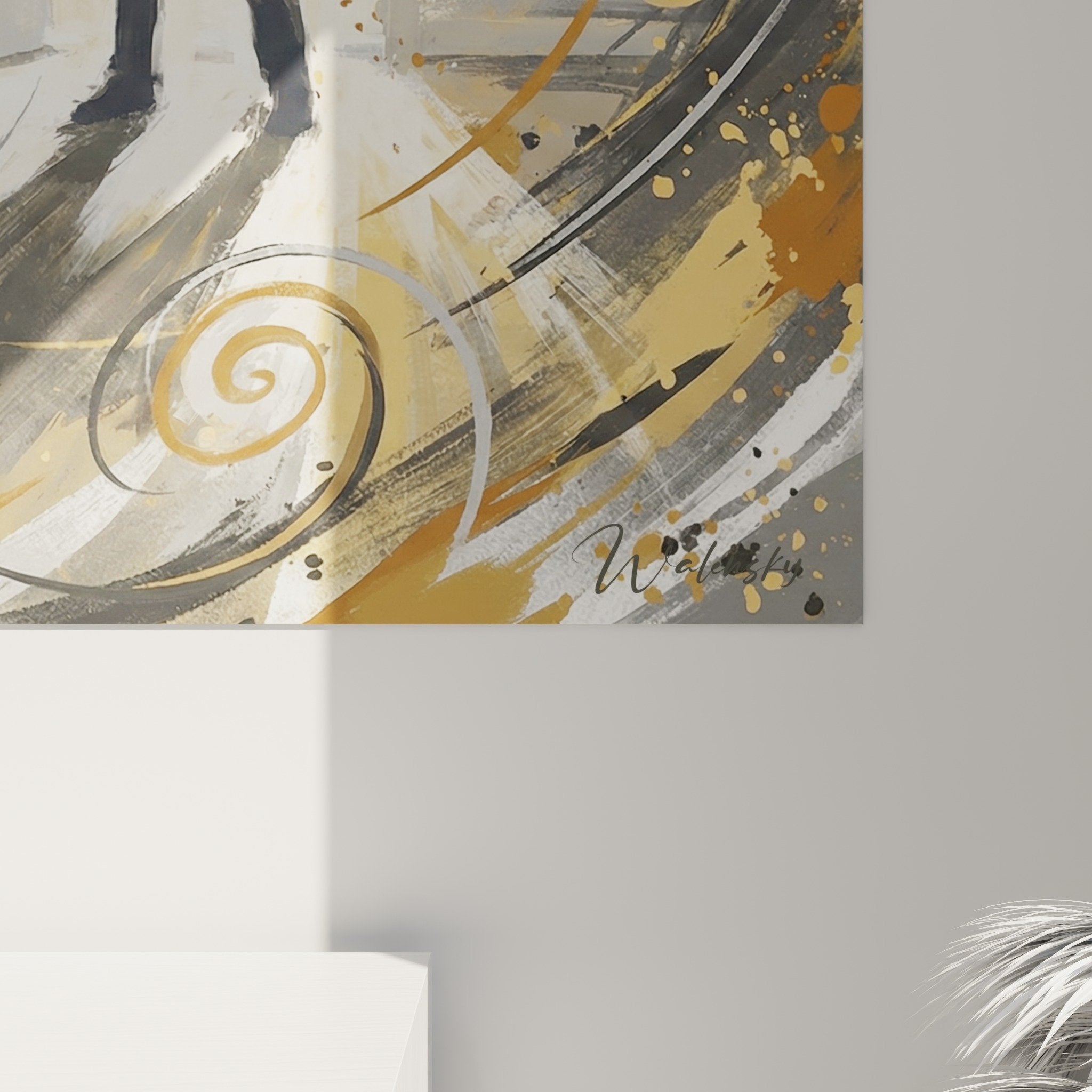 Vue ensemble tableau Keeshond bondissant porte lumiere composition dynamique tons chauds