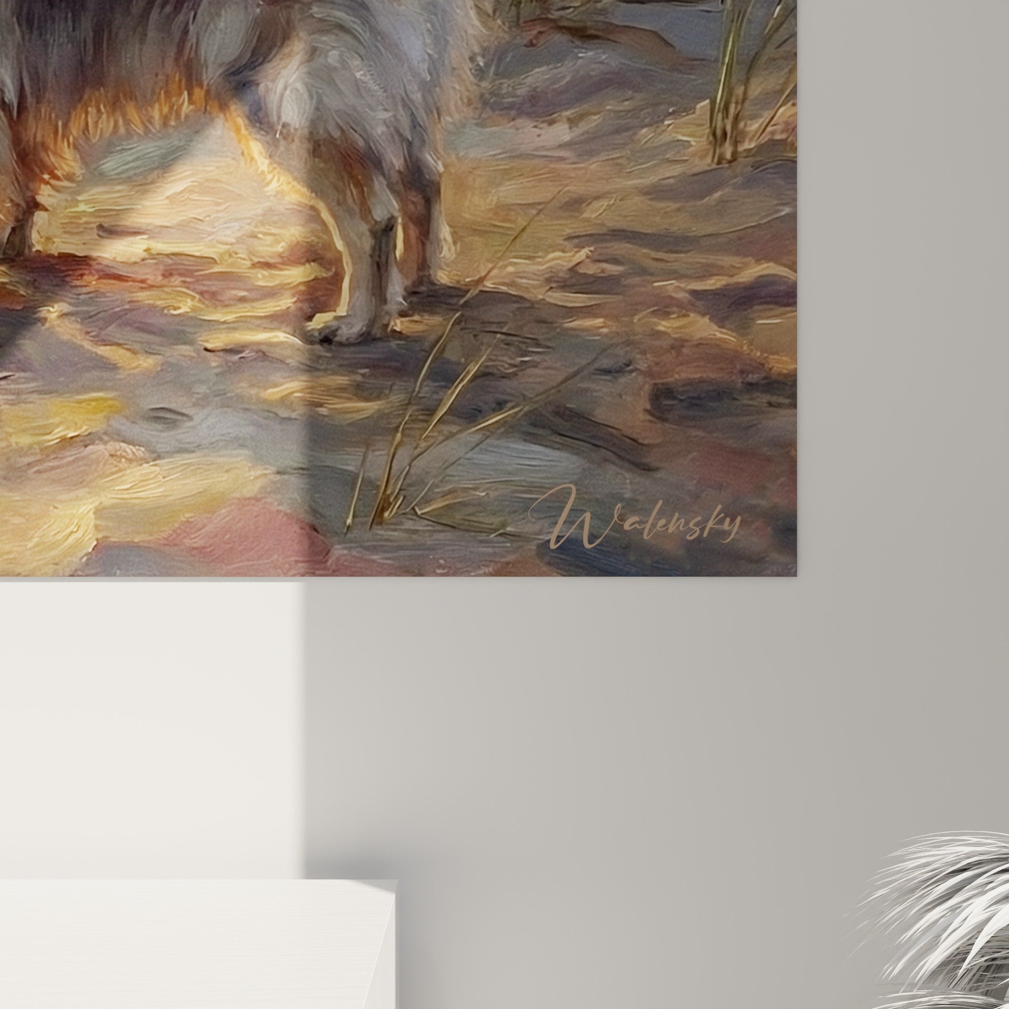 Vue ensemble tableau Keeshond maritime, cadre élégant, tons chauds oranges ocres, art décoratif intérieur