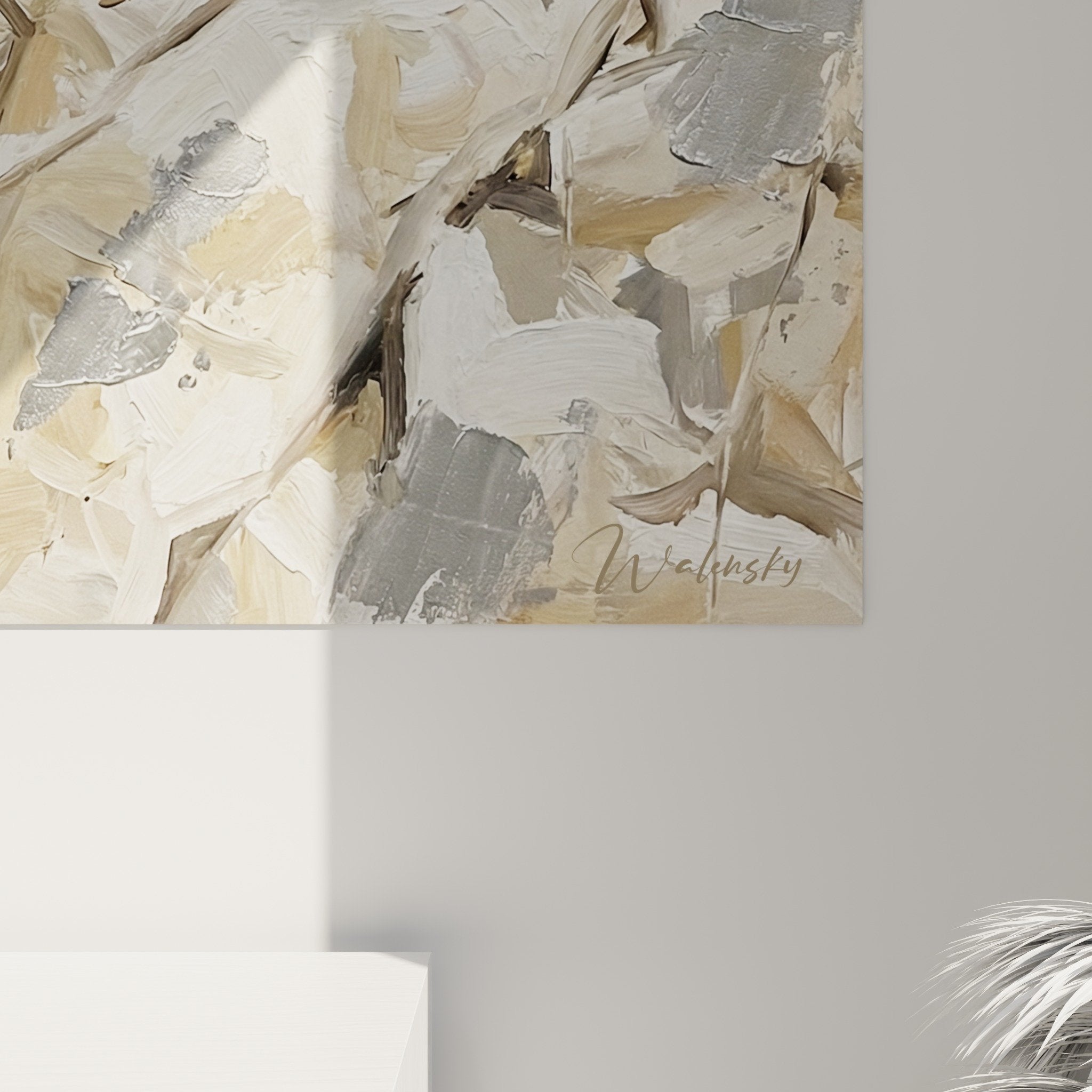 Gesamtansicht Keeshond-Gemälde mit beiger Decke, Wanddekoration zeitgenössische Kunst