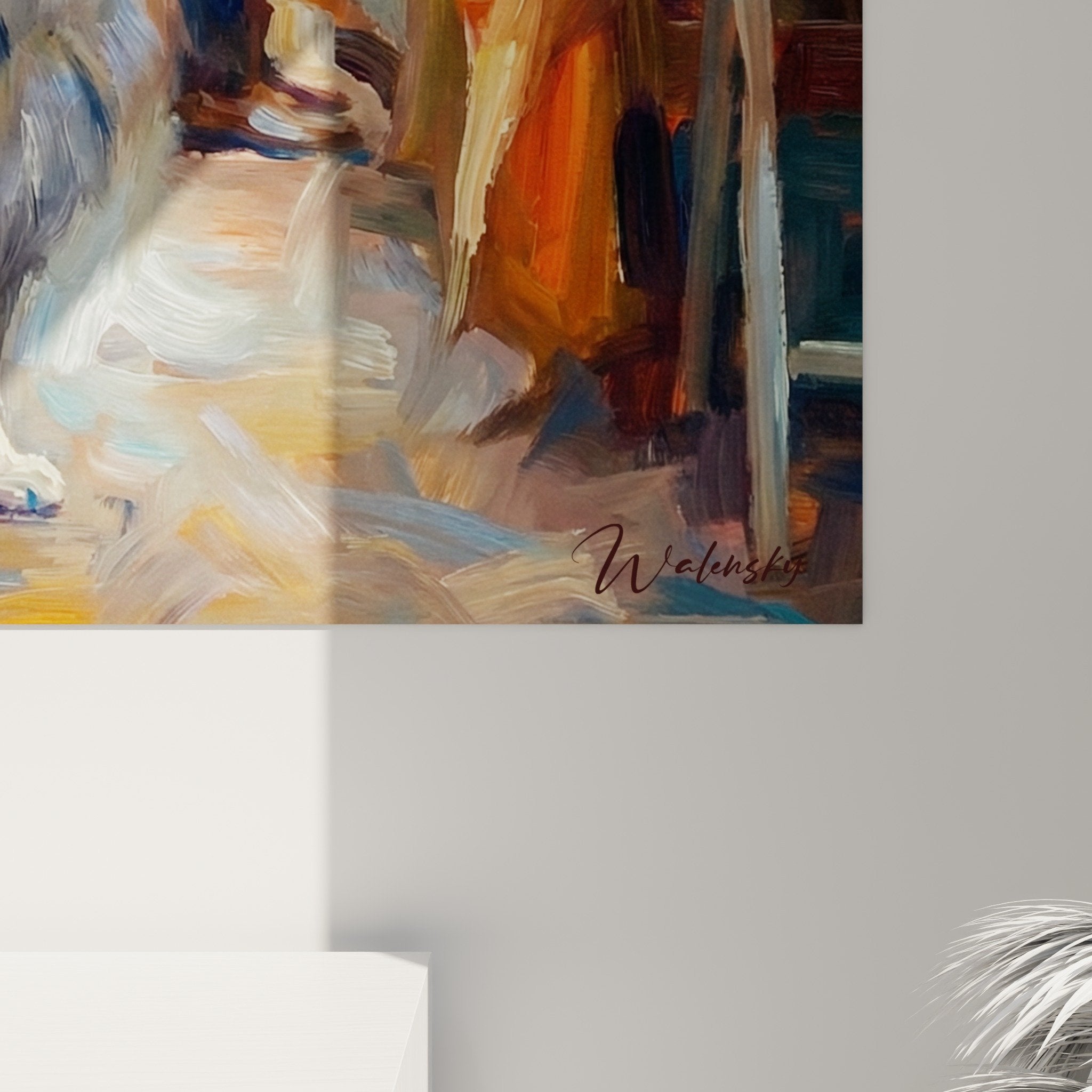 Vue ensemble tableau Keeshond environnement bois dore palette chromatique orange bleue decoration