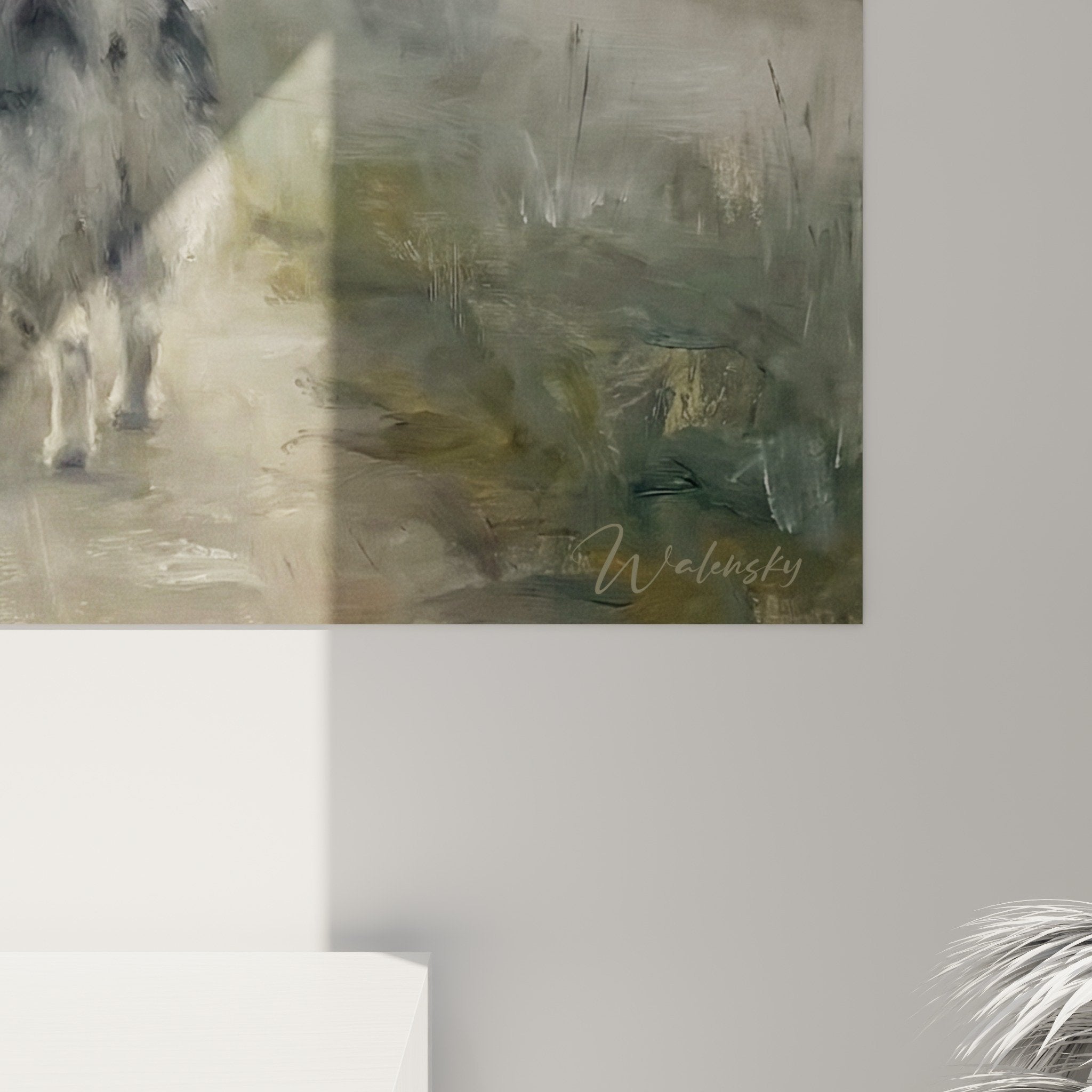 Vue ensemble tableau Keeshond paysage hollandais brumeux moulins tons poudrés