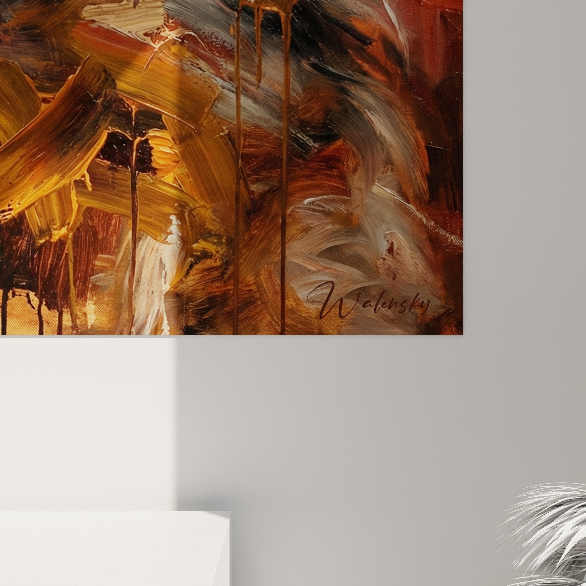 Gesamtansicht Keeshond-Kunstwerk in ausdrucksstarkem Stil mit warmen Orangetönen zeitgenössische künstlerische Wanddekoration