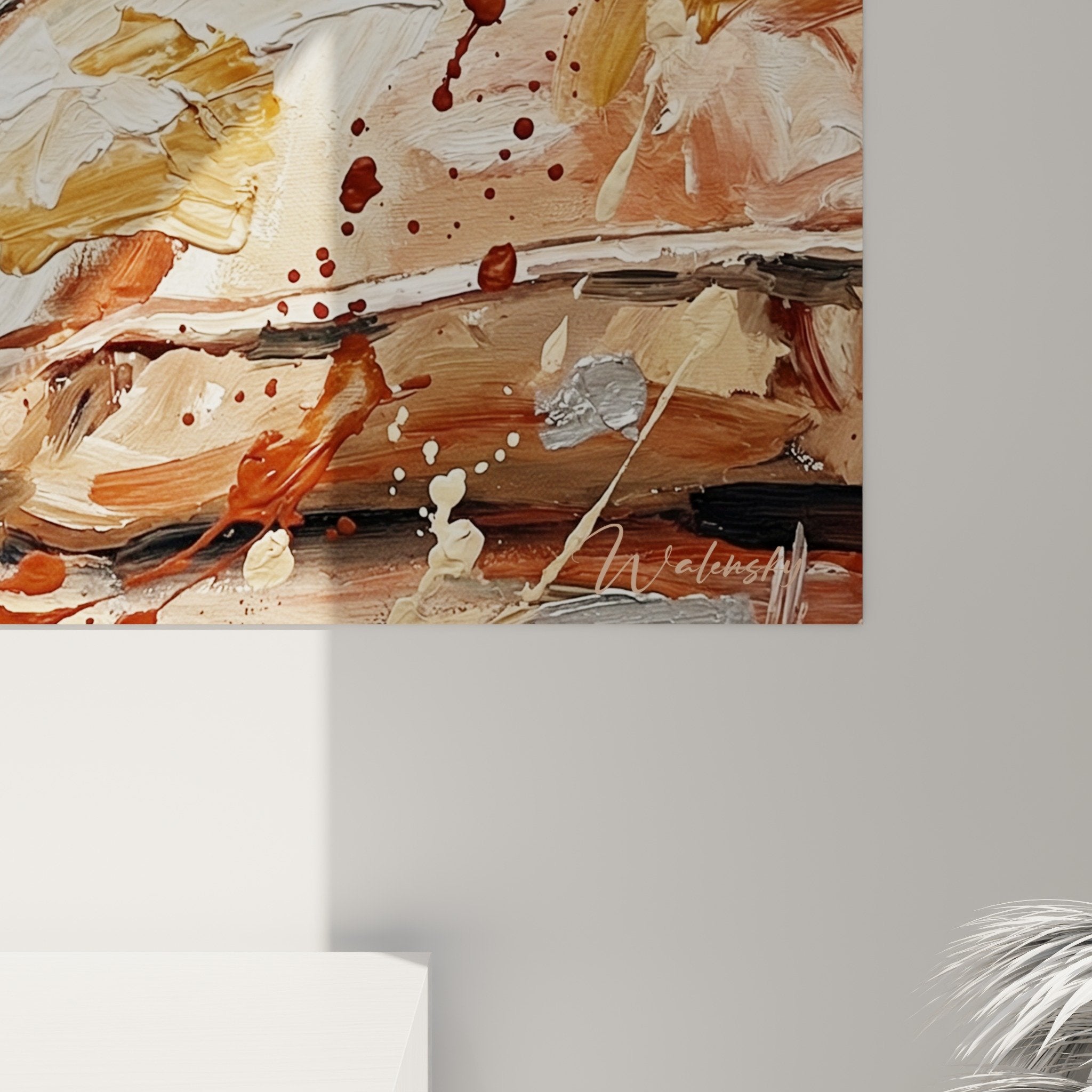 Vue ensemble tableau Keeshond style expressif couleurs chaudes terre sienne decoration murale moderne