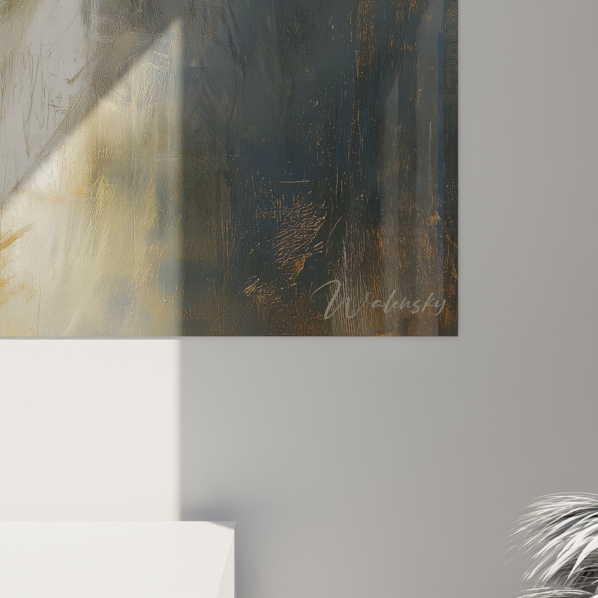 Gesamtansicht Labrador-Gemälde beige Betrachter Inneneinrichtung künstlerischer Stil sanfte Töne