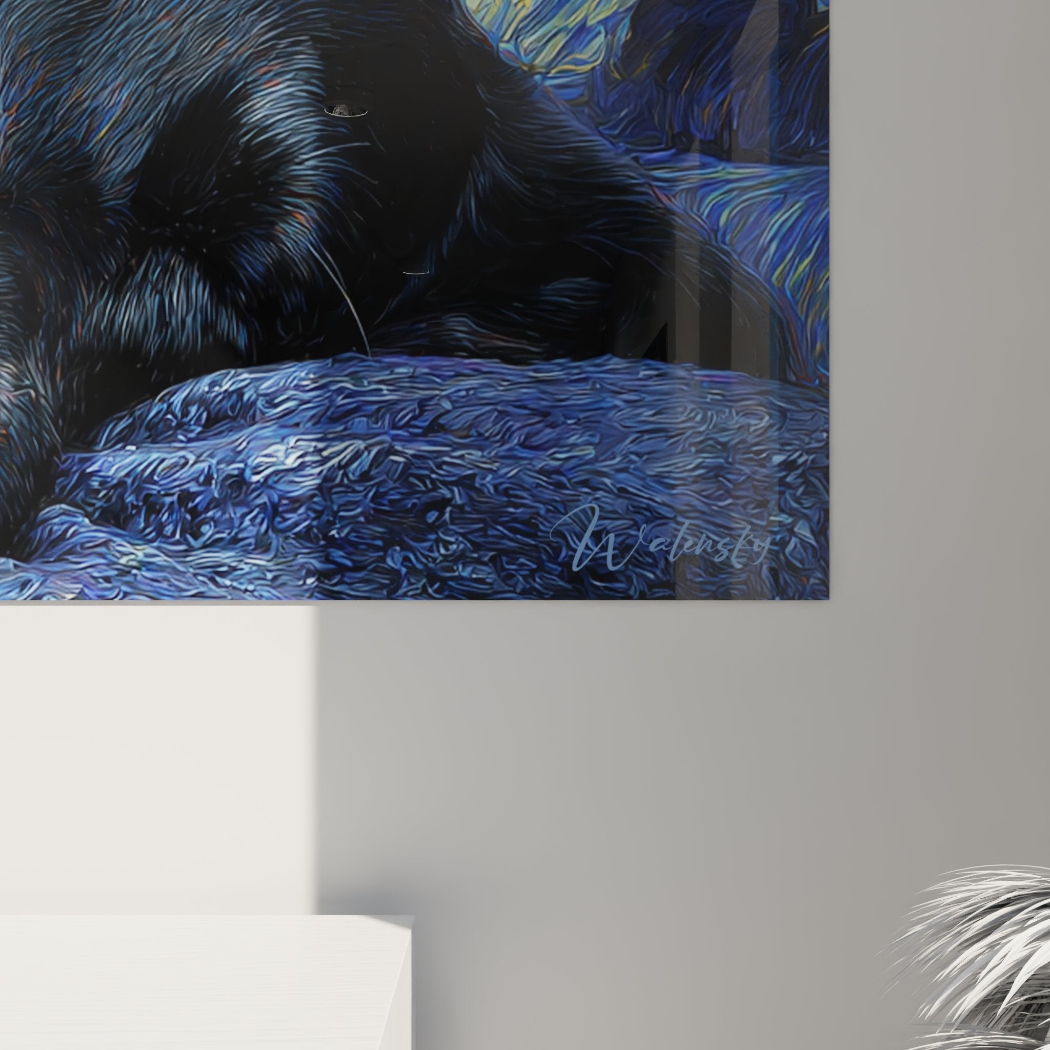 Gesamtansicht des Gemäldes schwarzer Labrador Retriever Nachthimmel goldene Sterne blaue Spiralen