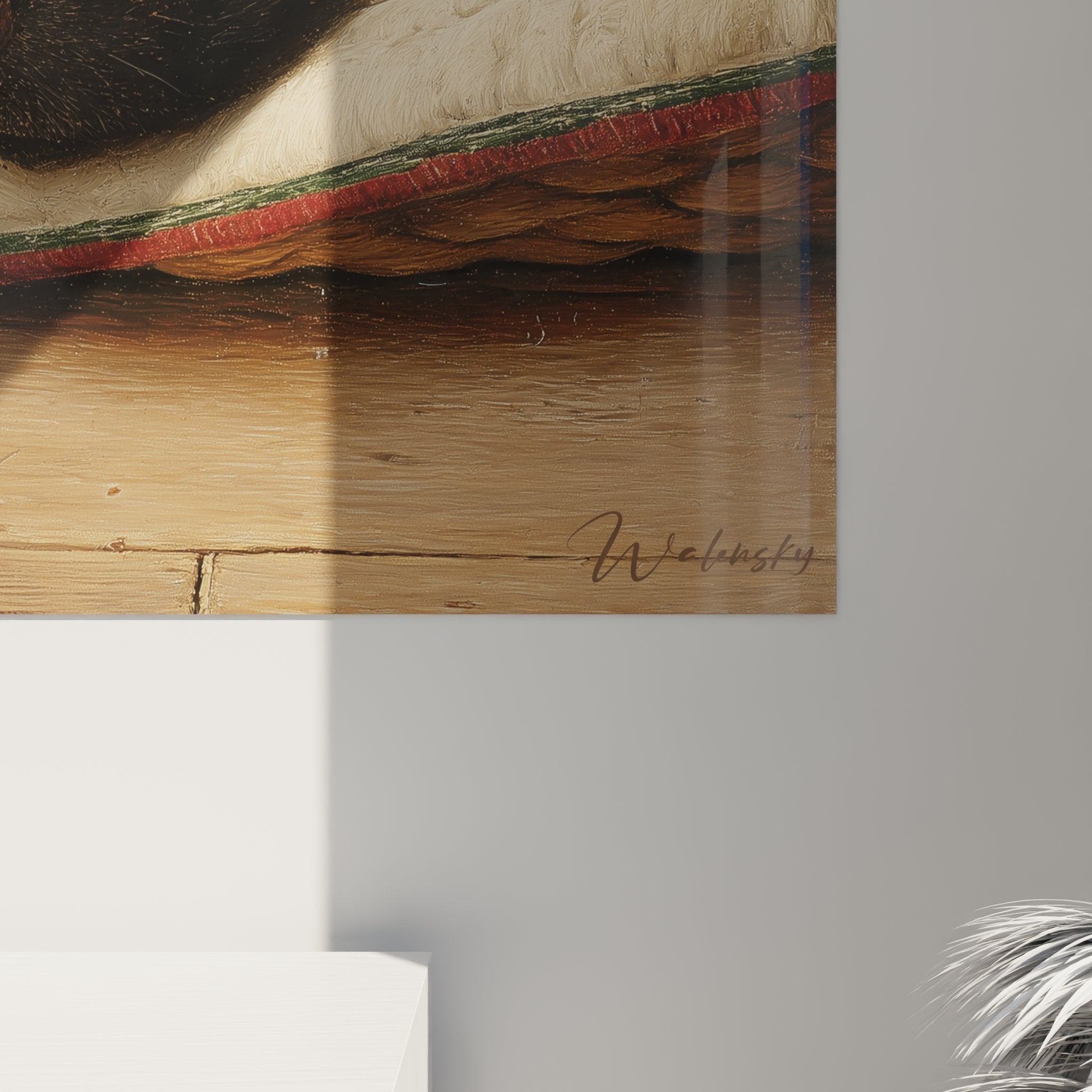 overall view labrador dogs resting on cream cushion wooden floor warm tones harmony