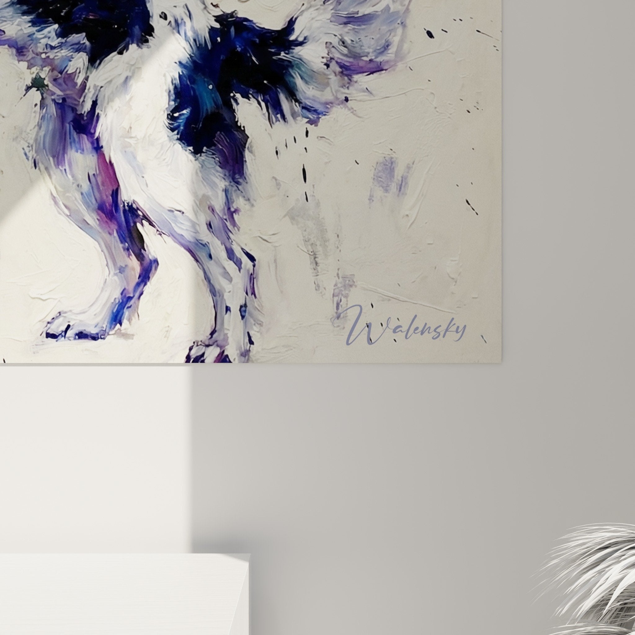 Overall view of Landseer dogs wall art contemporary painting modern interior decoration blue purple
