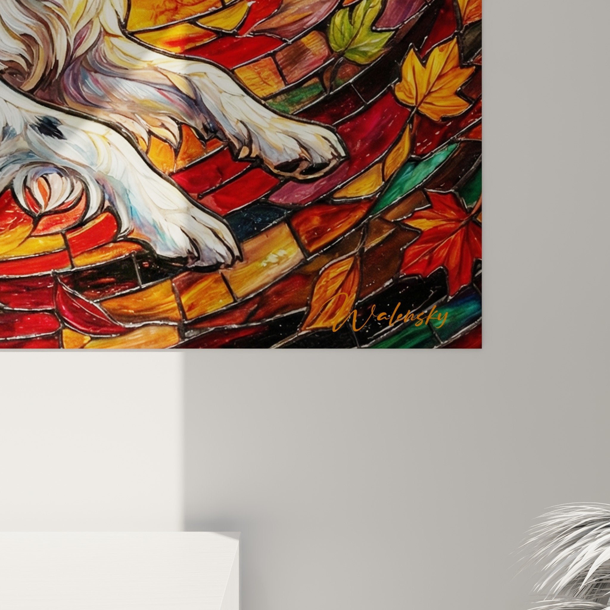 Vue ensemble tableau Landseer bondissant automne mosaique decoration murale couleurs chaudes