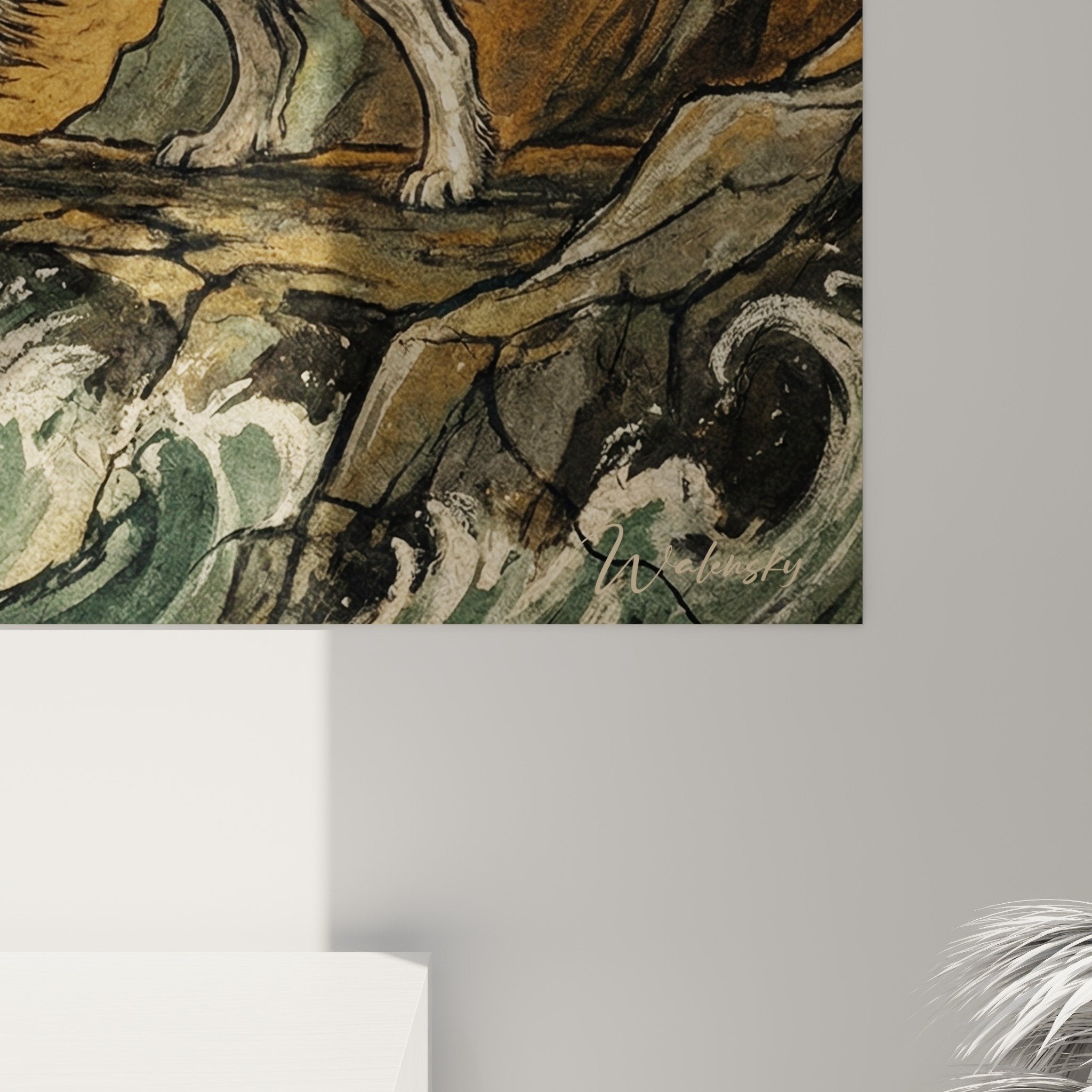 Landseer maritime painting rocks golden waves emerald interior decoration nature