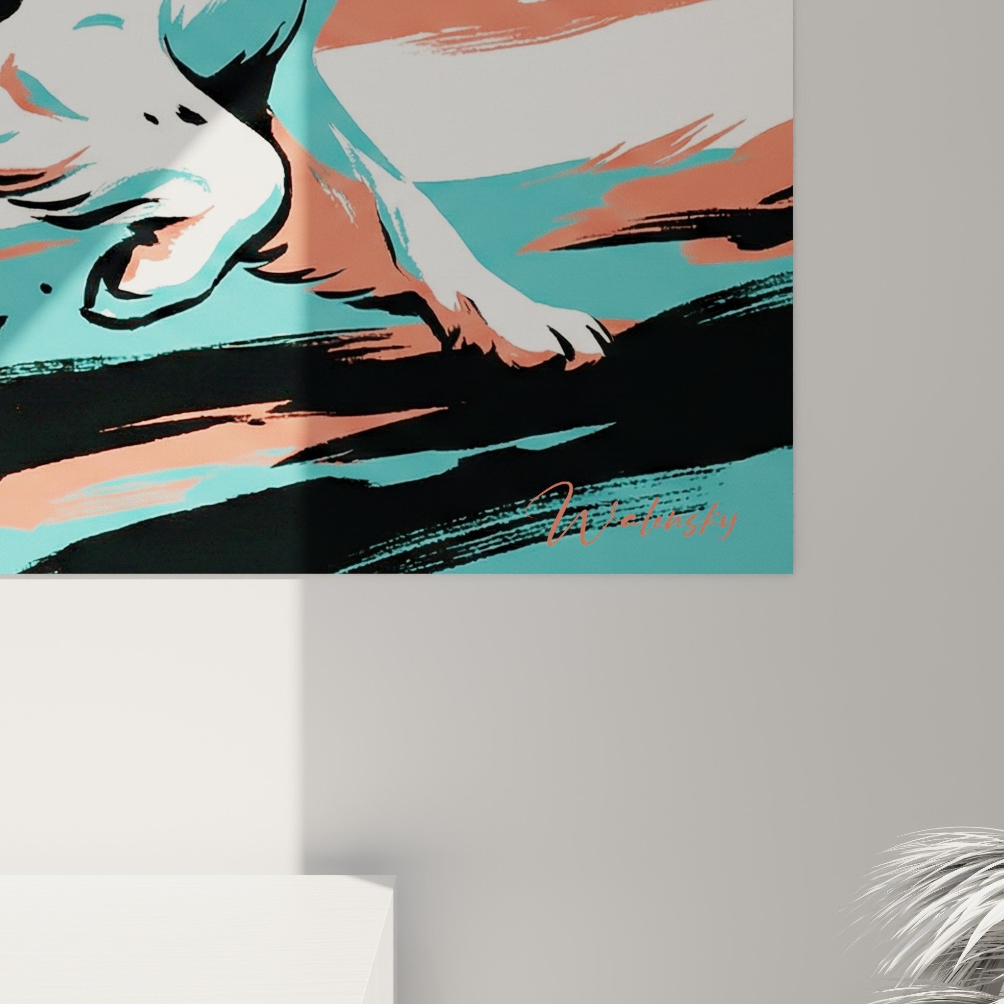 Vue ensemble tableau Landseer salon contemporain decoration murale art moderne chien bondissant