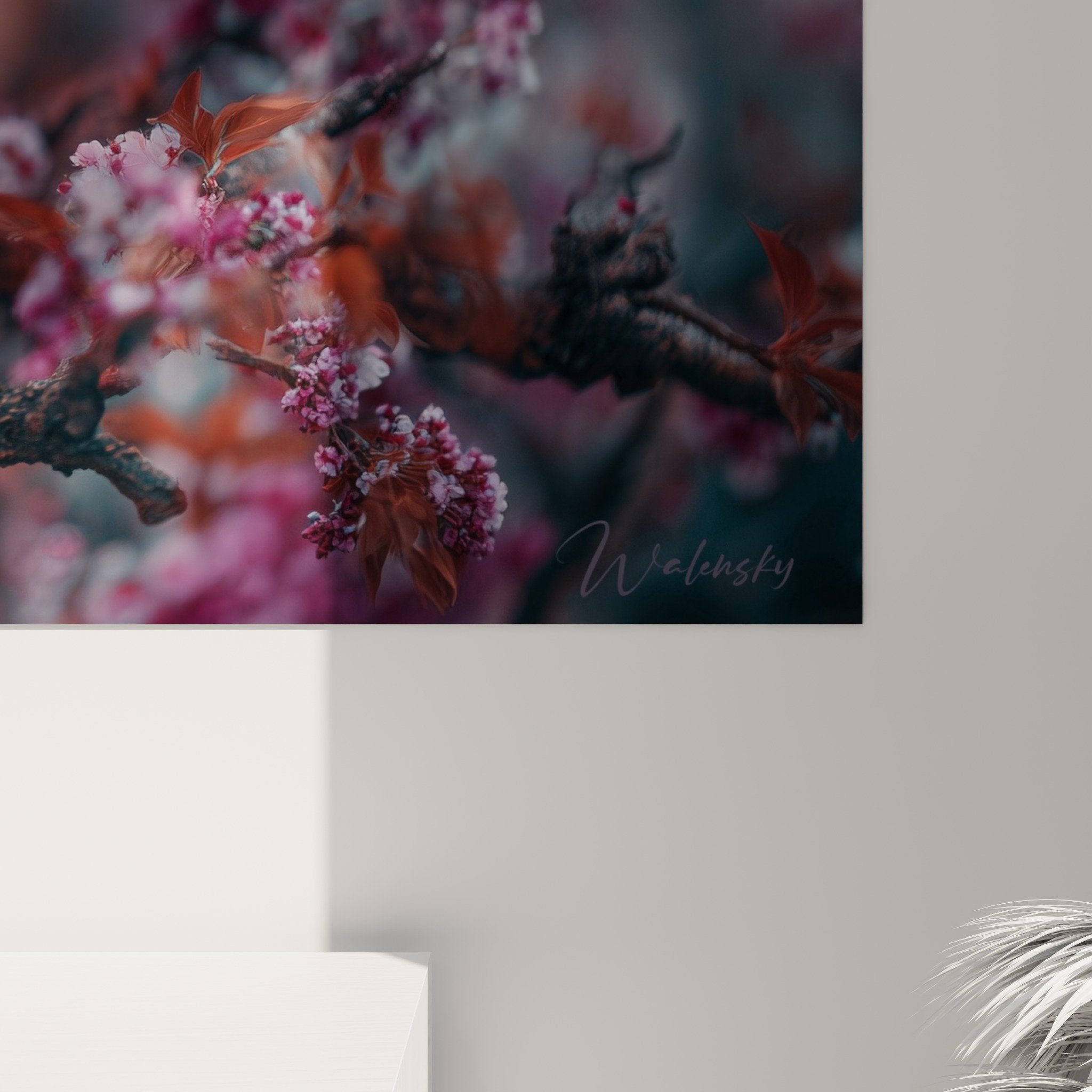Vue ensemble tableau lanterne japonaise illuminee branches cerisier fleurs roses decoration interieur zen