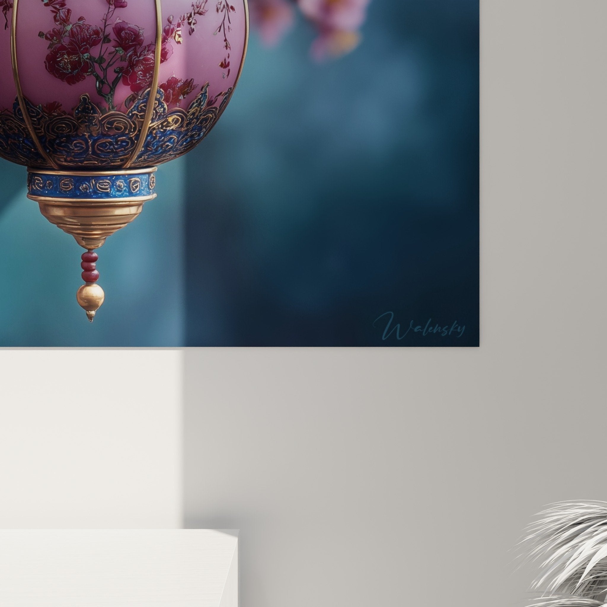 Vue ensemble tableau lanterne orientale fleurs cerisier roses decoration interieur zen