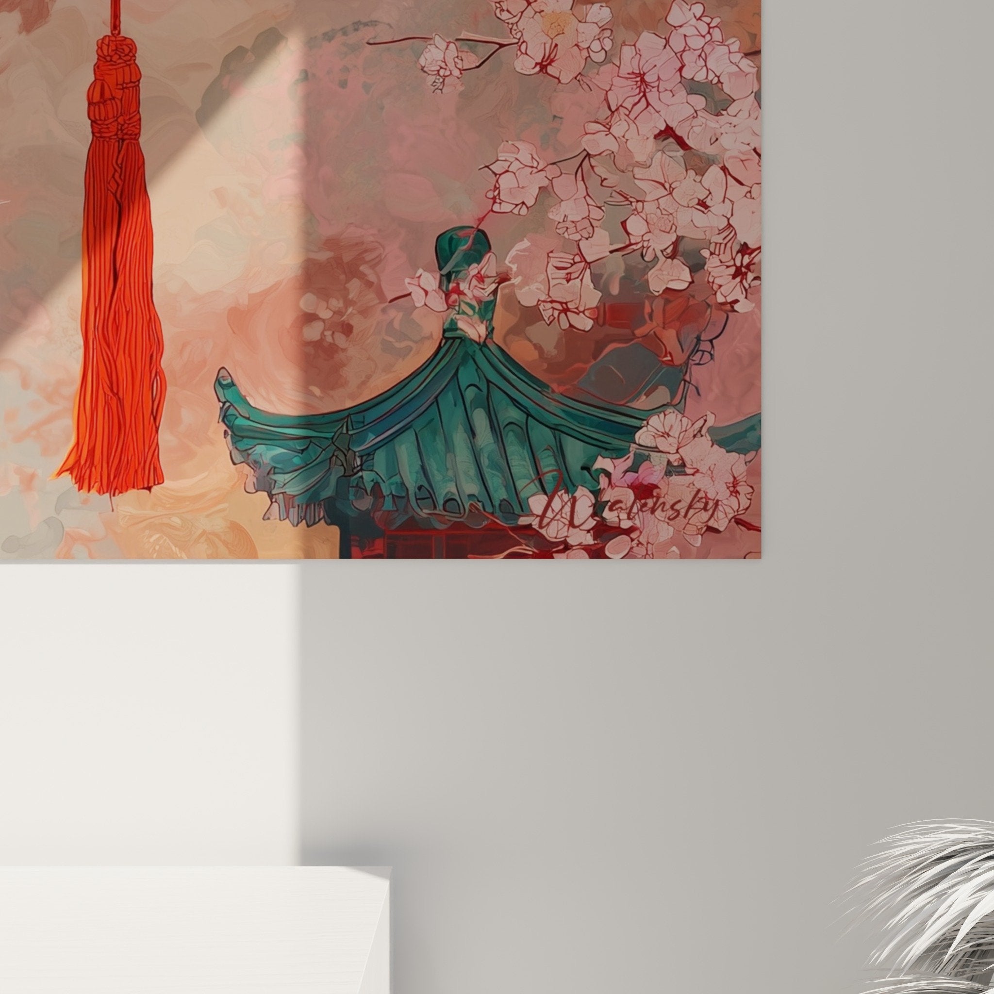 Overall view of lantern garden painting mystical cherry blossoms flowers zen wall art decor