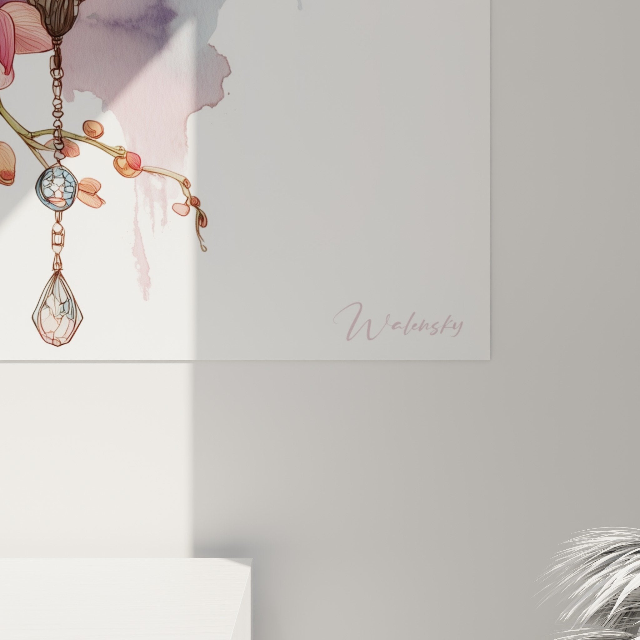 Overall view oriental lantern painting with pink orchids wall decoration oriental style
