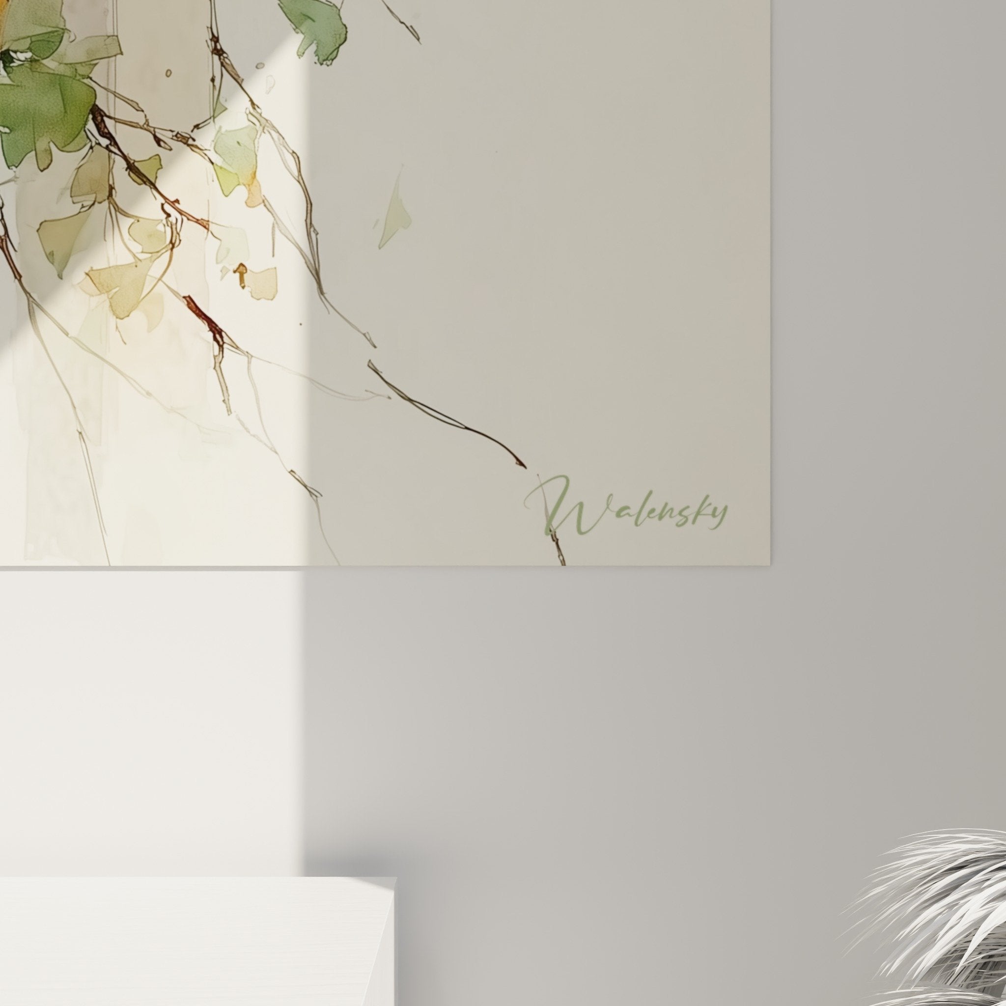 Overall view of traditional lantern painting with lush vegetation watercolor style natural tones beige green ochre