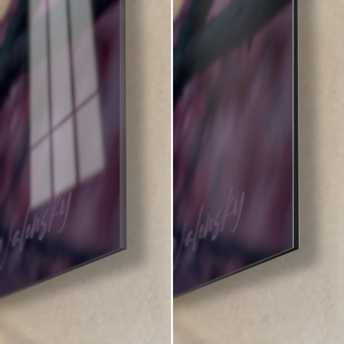 Quadro con una lanterna rosso scuro e fiori rosa pallido, angolo in basso a destra, spessore 3 mm, vetro acrilico lucido a sinistra, Dibond opaco a destra