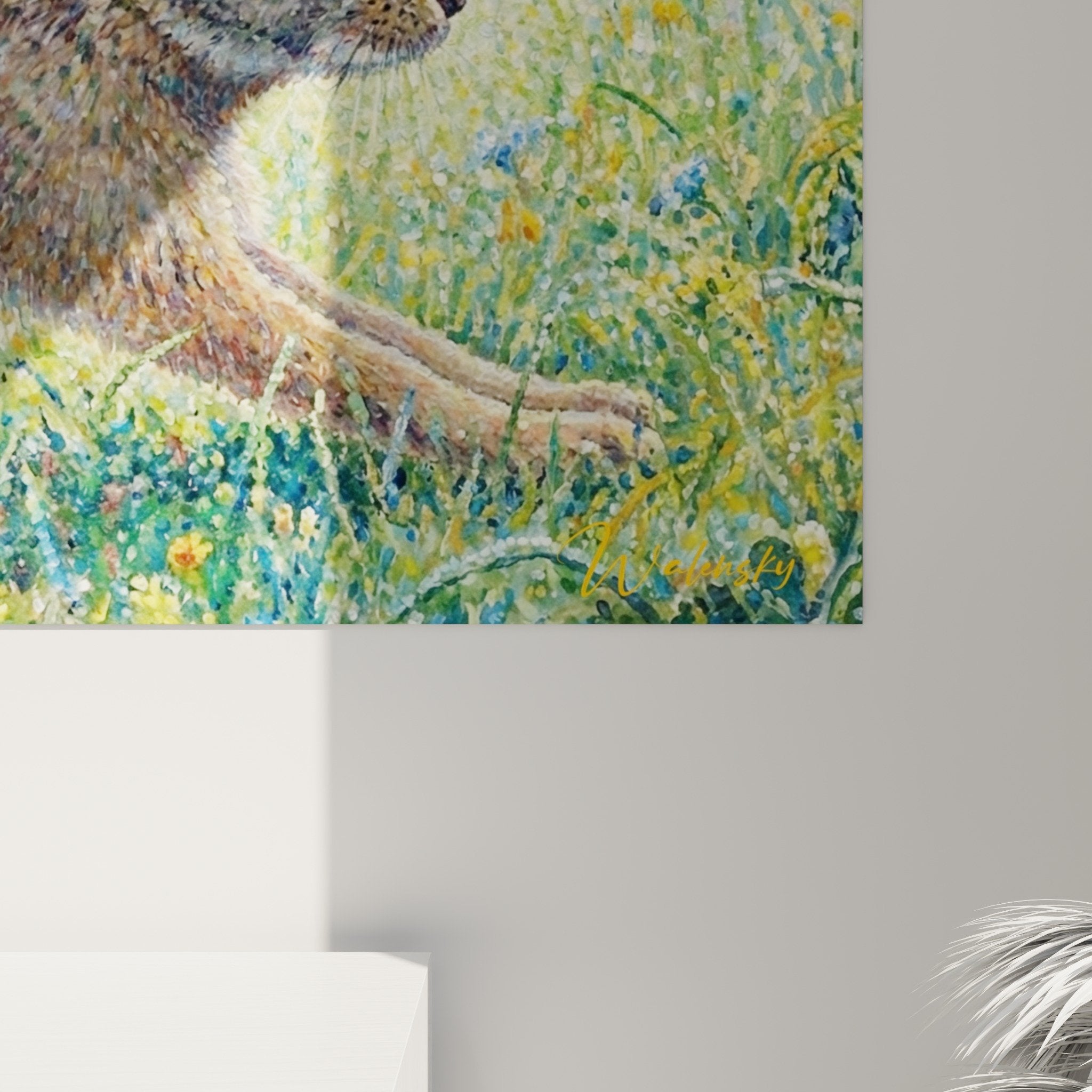 Gesamtansicht Gemälde Hase springender dynamischer farbenfroher Wiese Wanddekoration Naturkunst Wildtierfauna Pointillismus