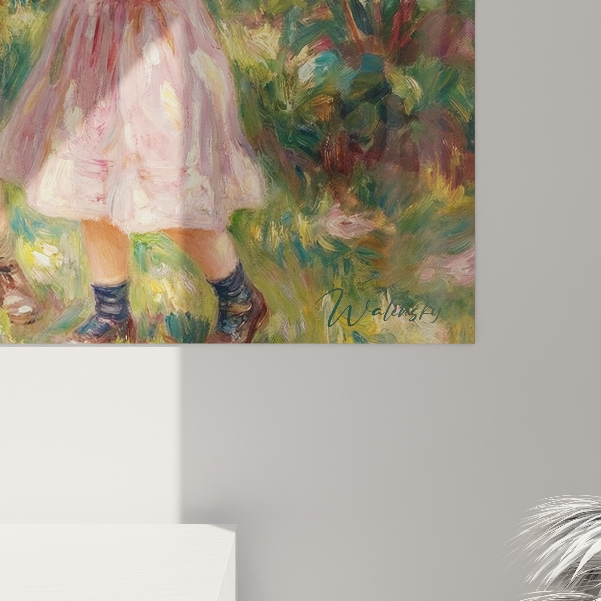 Vue ensemble tableau leonberg enfants jardin fleuri decoration interieur familial art mural