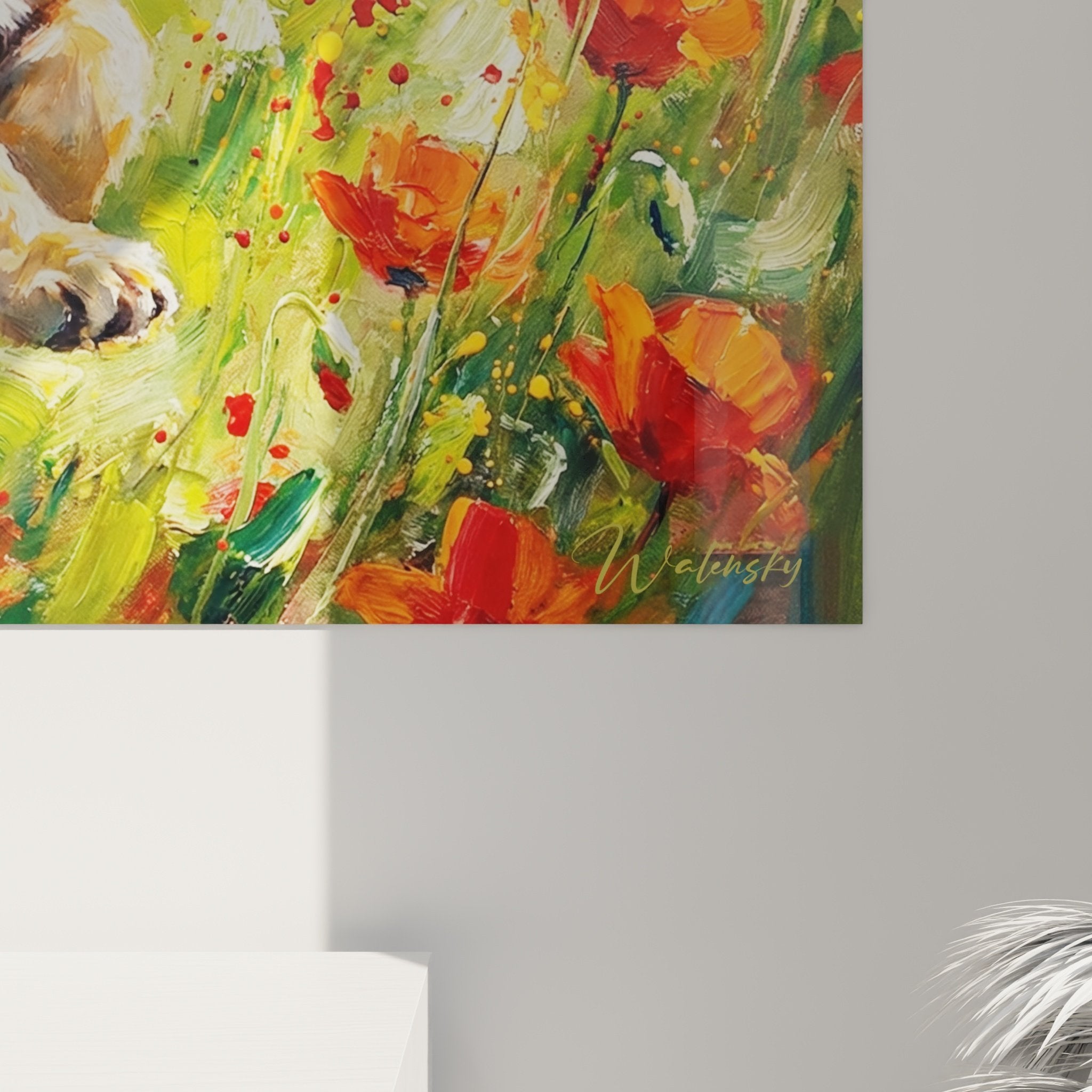 Vue ensemble tableau Leonberg jardin fleuri decoration interieur moderne art mural couleurs chaudes