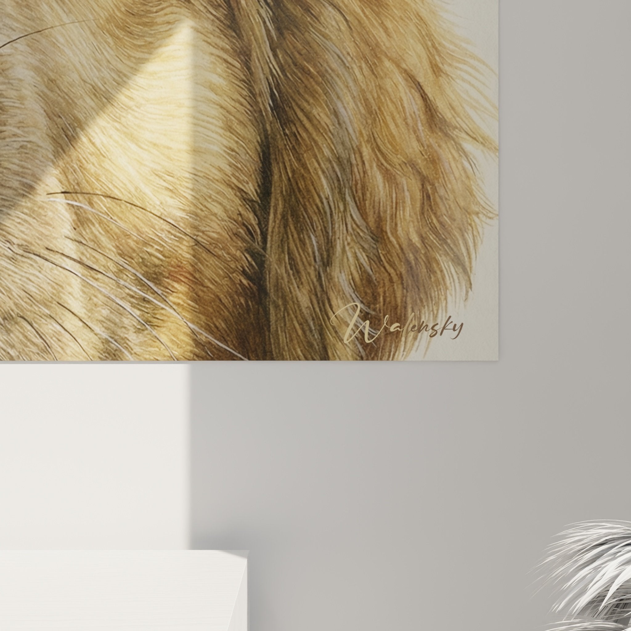 Vue ensemble tableau portrait chien Leonberg papillon - art animalier réaliste tons chauds dorés