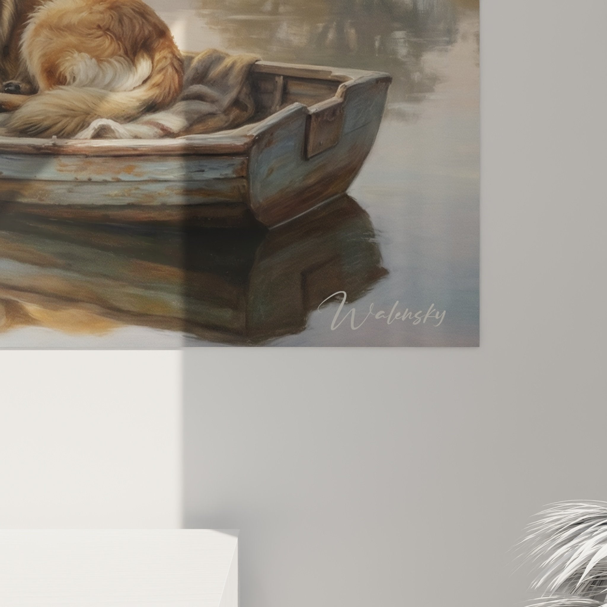 Vue ensemble tableau Leonberg lac brumeux collines arbres cuivres aurore rose doree paysage