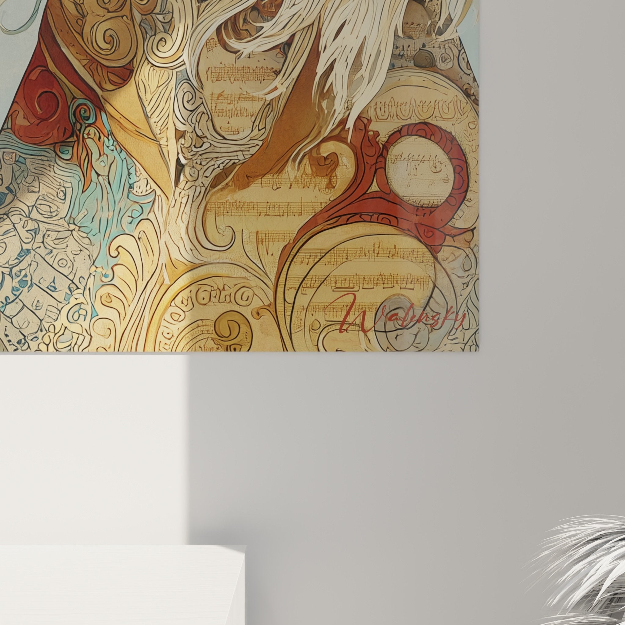 Vue d'ensemble du tableau lévrier afghan artistique aux arabesques dorées et tons poudrés