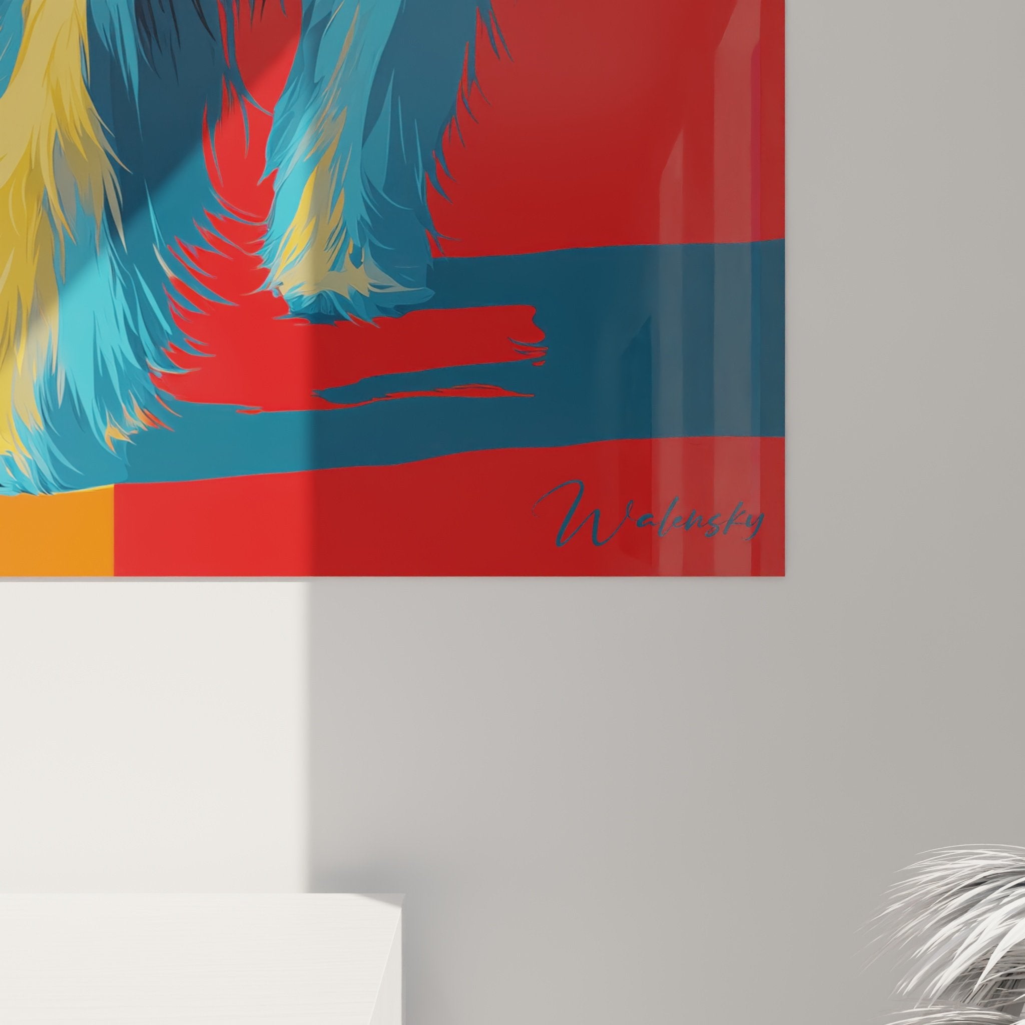 Vue ensemble tableau levrier afghan style cubiste palette chromatique vive decoration