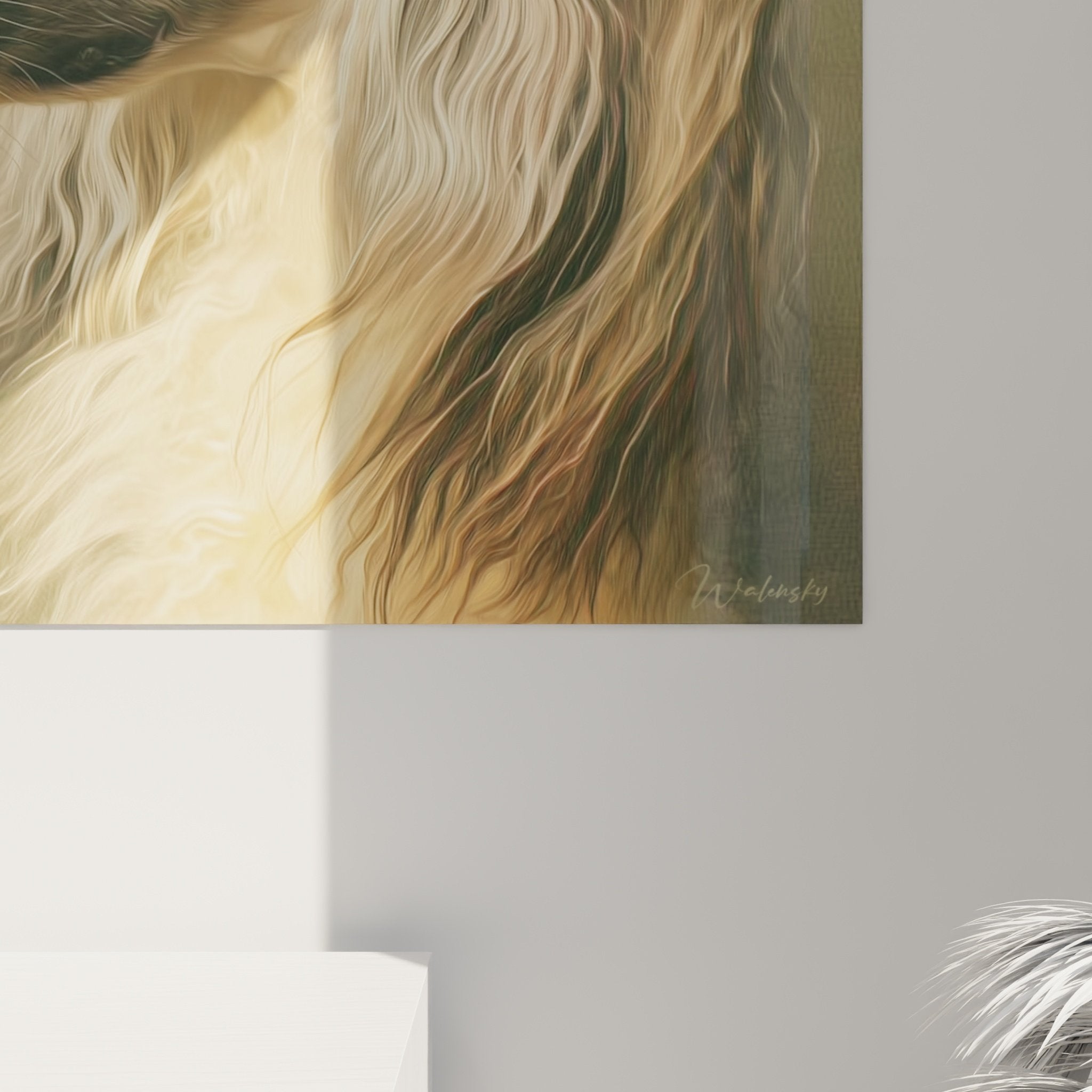 Vue ensemble tableau portrait levrier afghan dore accroche mur salon decoration interieur art canin elegant