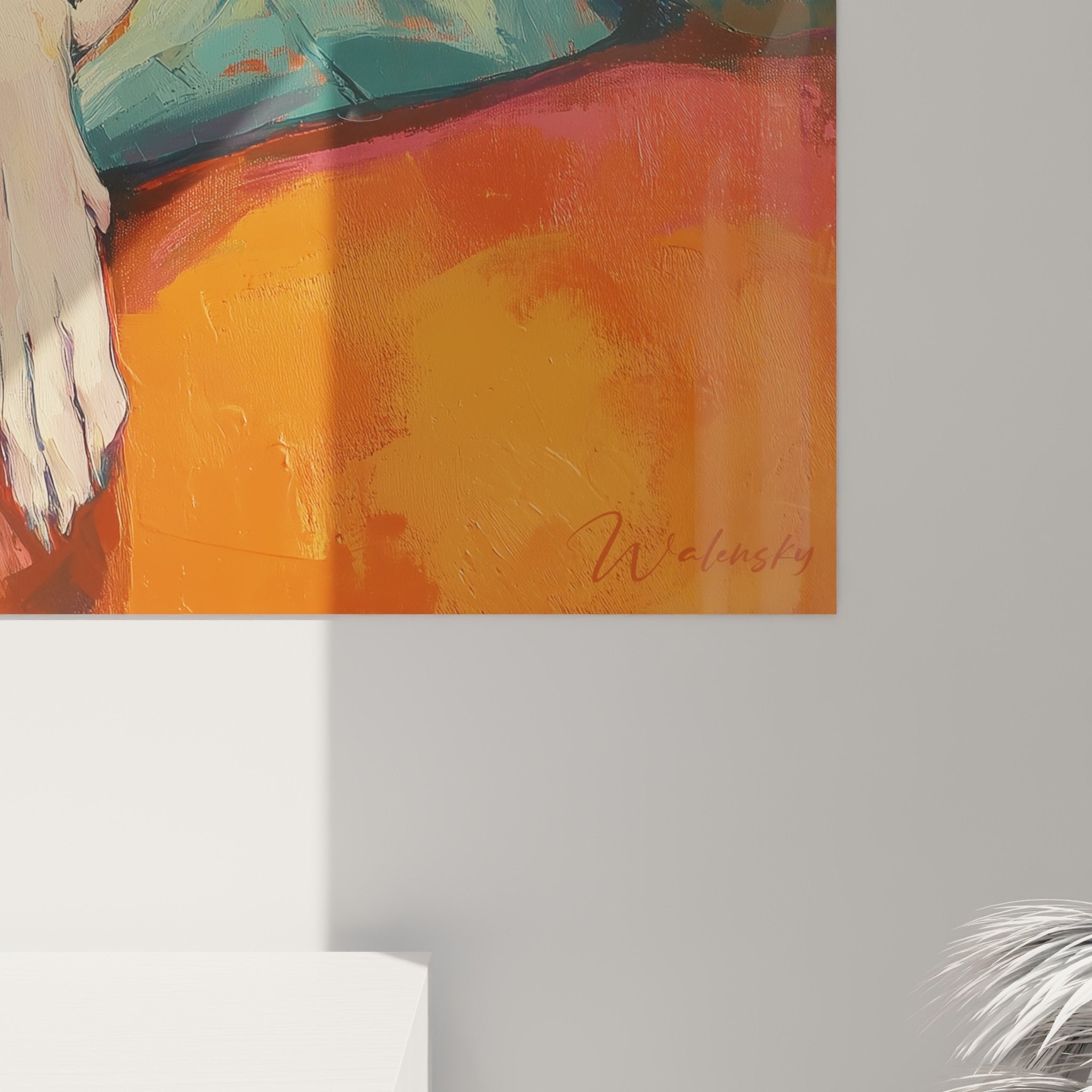 Whippet greyhound colorful painting overview, artistic composition orange turquoise, contemporary wall art