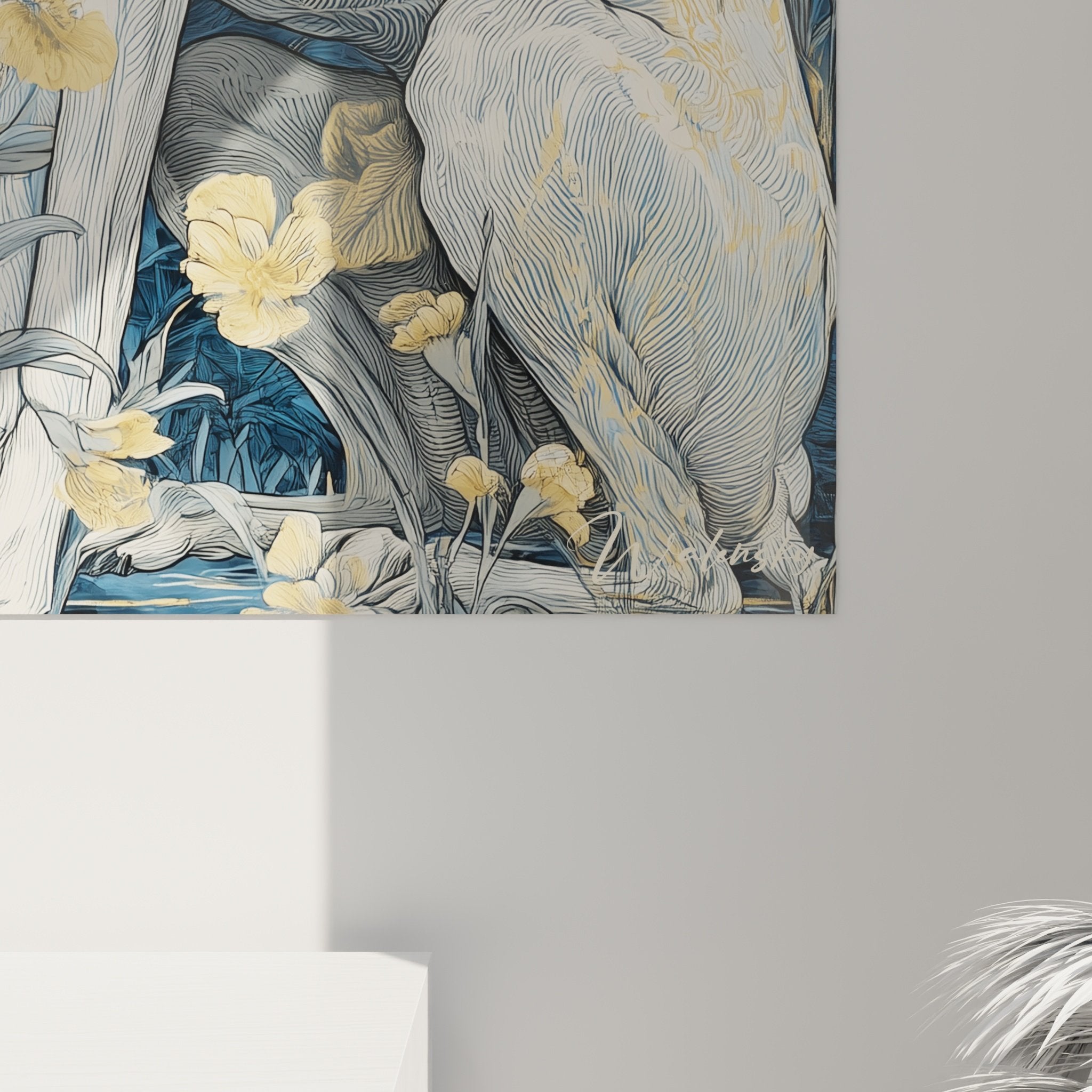 Vue ensemble tableau levrier sacre bleu marine or decoration murale elegante moderne