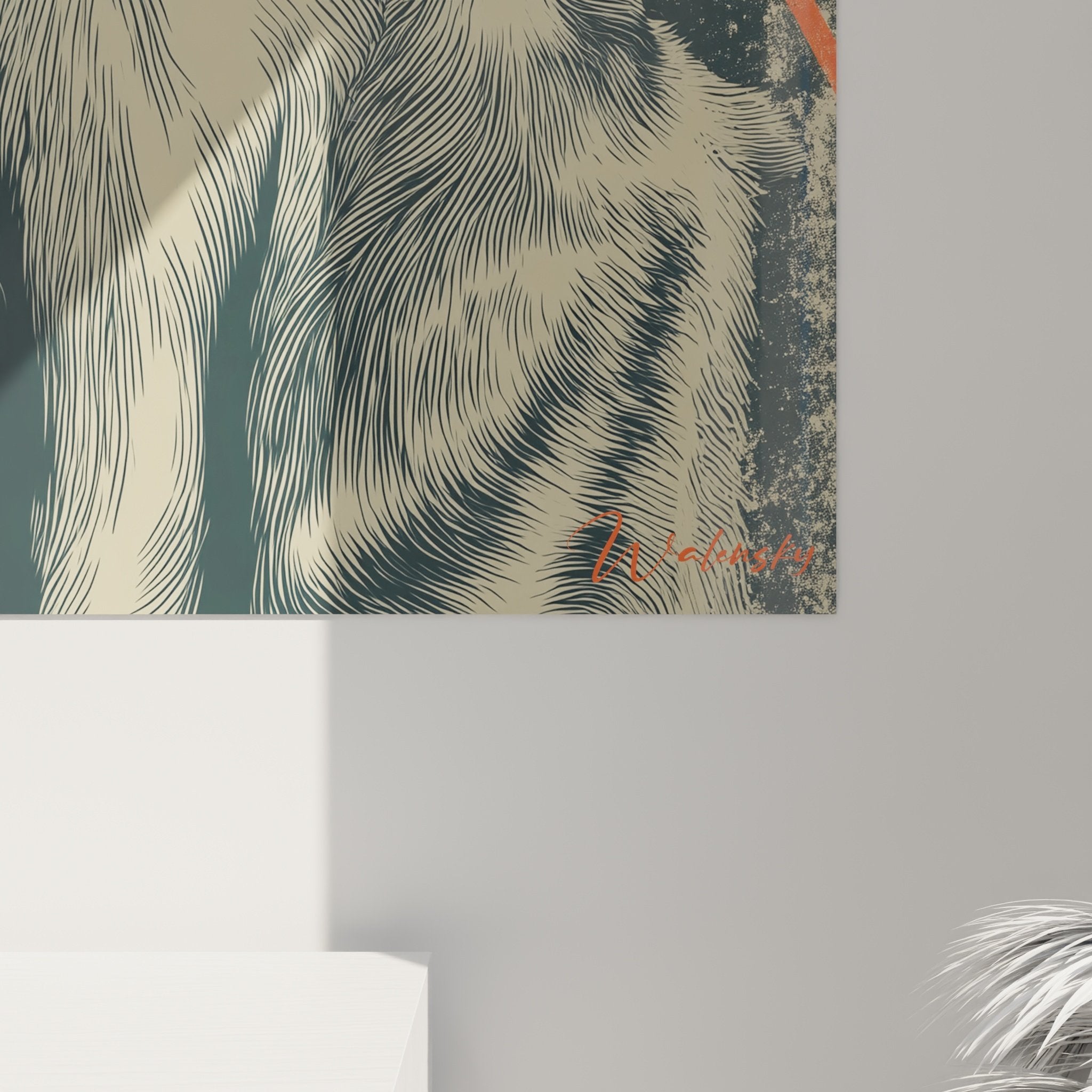 Vue ensemble tableau levrier contemplation soleil orange decoration interieur moderne