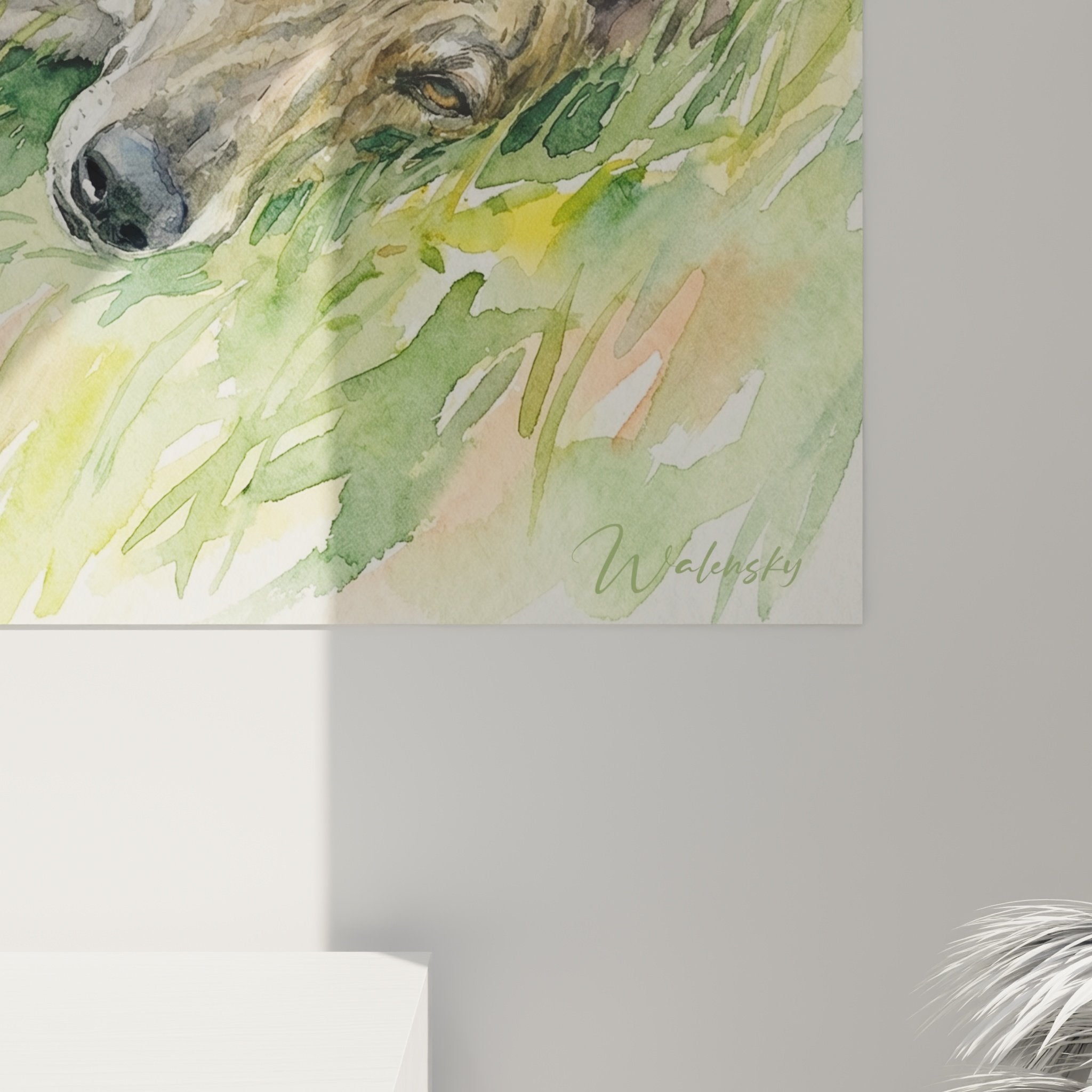 Vue ensemble tableau levrier greyhound prairie verte composition naturelle aquarelle couleurs douces