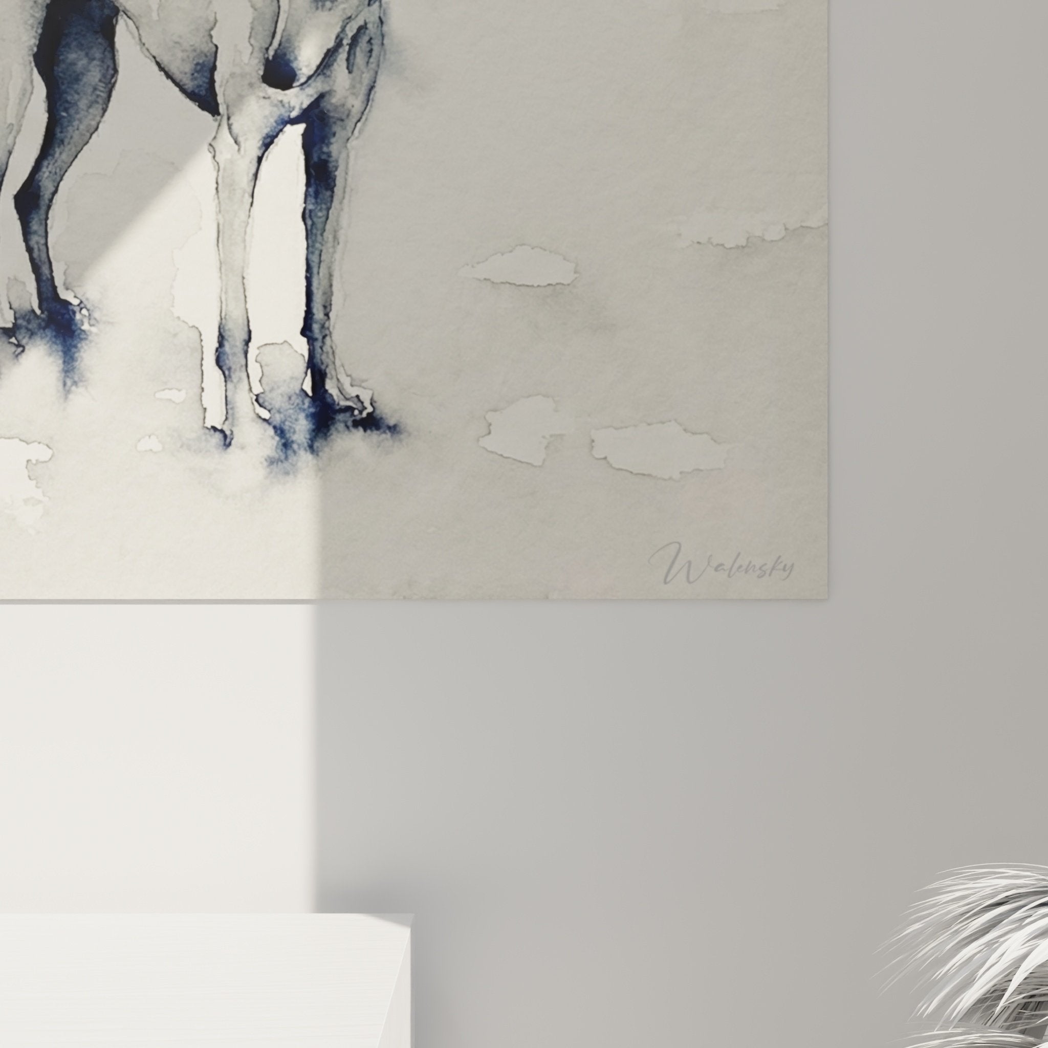 Vue ensemble tableau levrier neige aquarelle decoration murale style nordique minimaliste art poetique