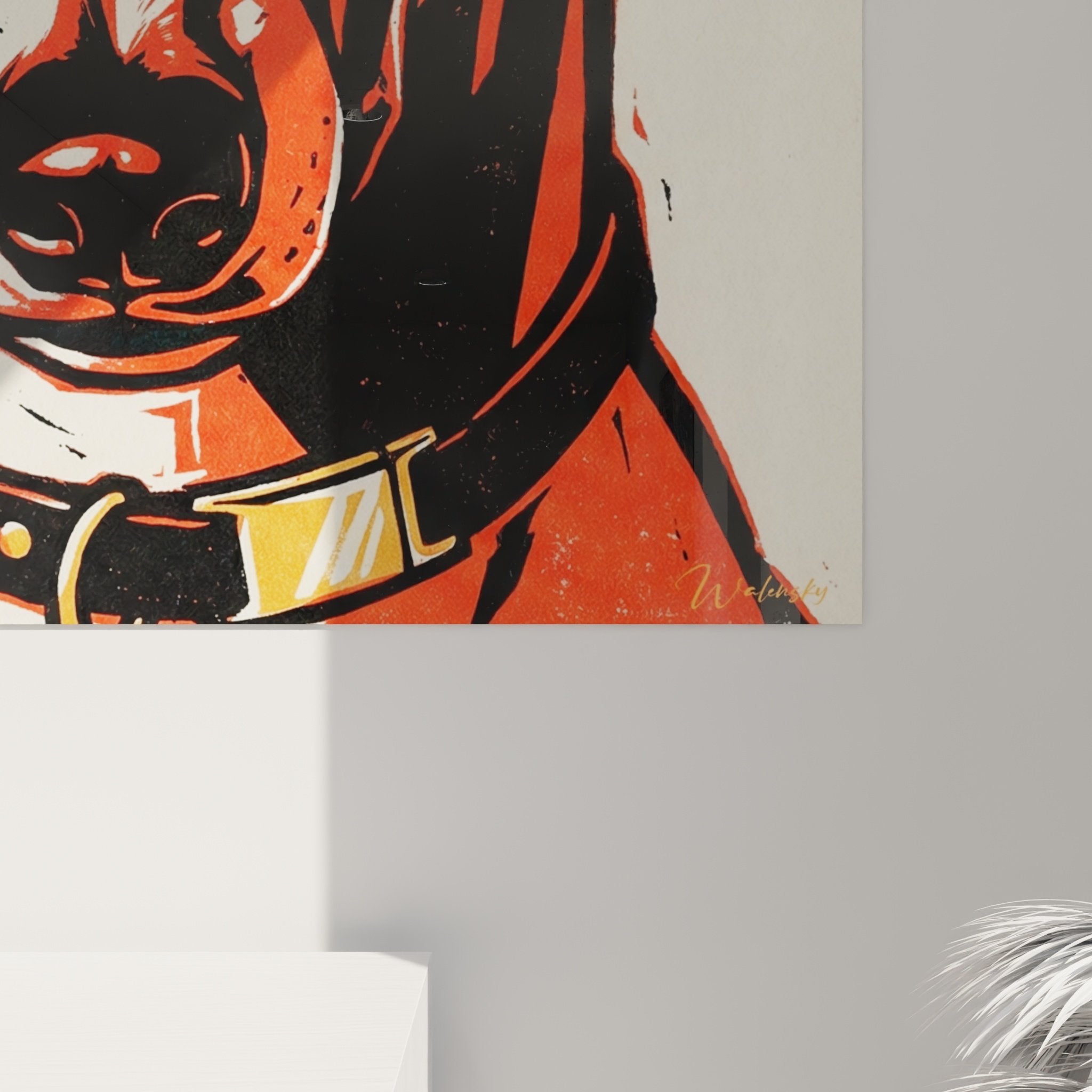 Gesamtansicht Pop-Art Windhund Gemälde Rot Schwarz in modernem Interieur künstlerische Wanddekoration