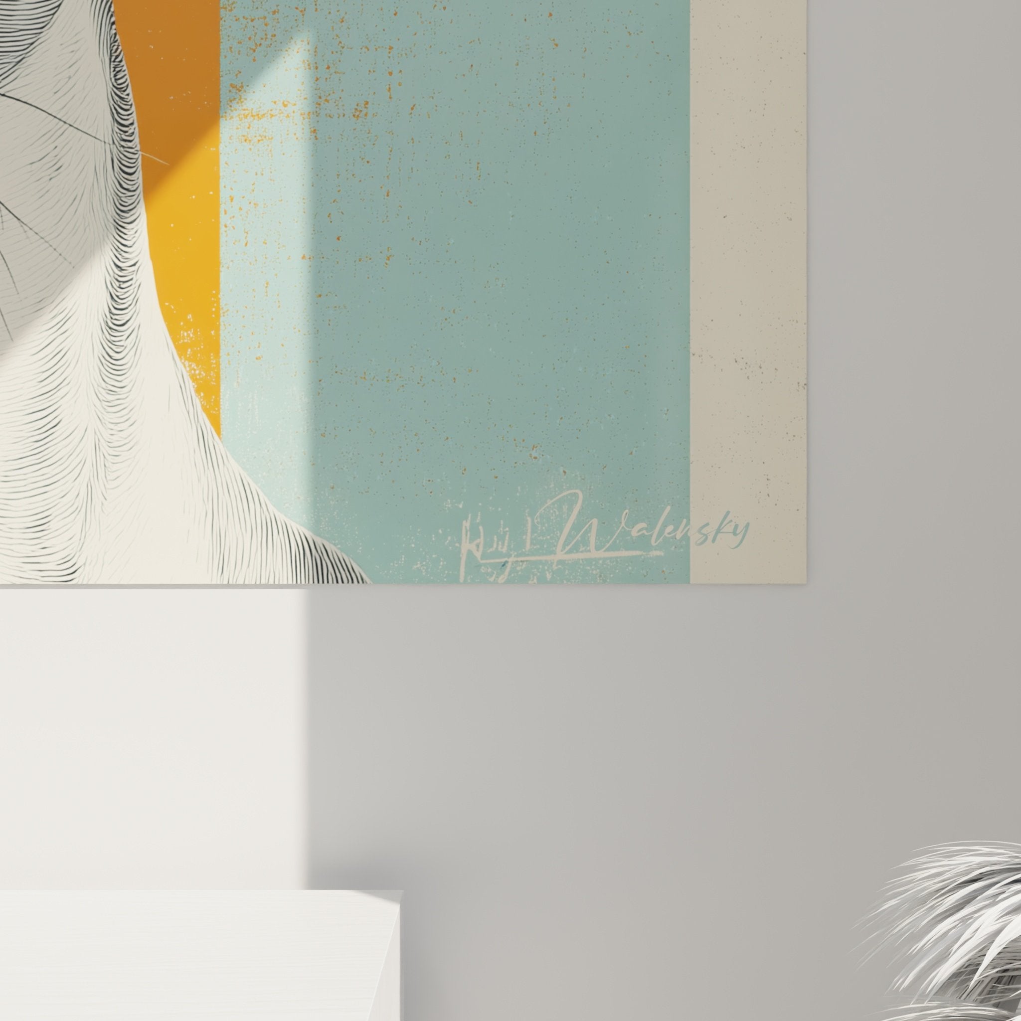 Vue ensemble tableau Lévrier Whippet géométrique moderne décoration intérieure art mural contemporain couleurs douces