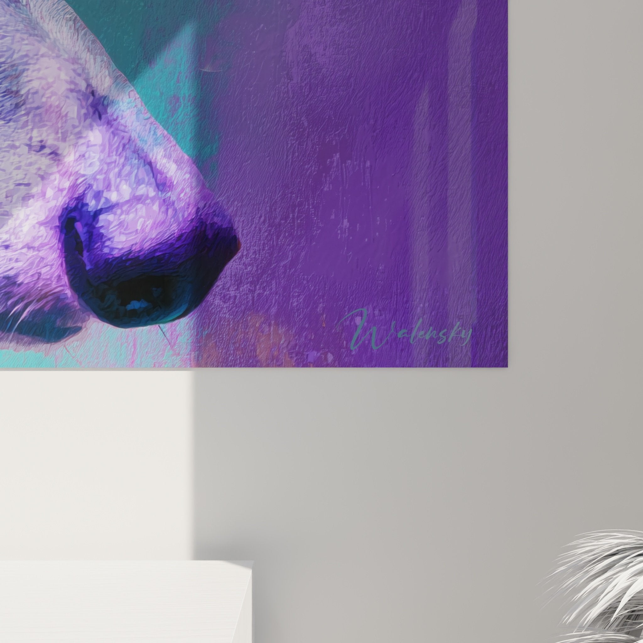 Vue d'ensemble du tableau Levrier Whippet violet dans un interieur contemporain elegant