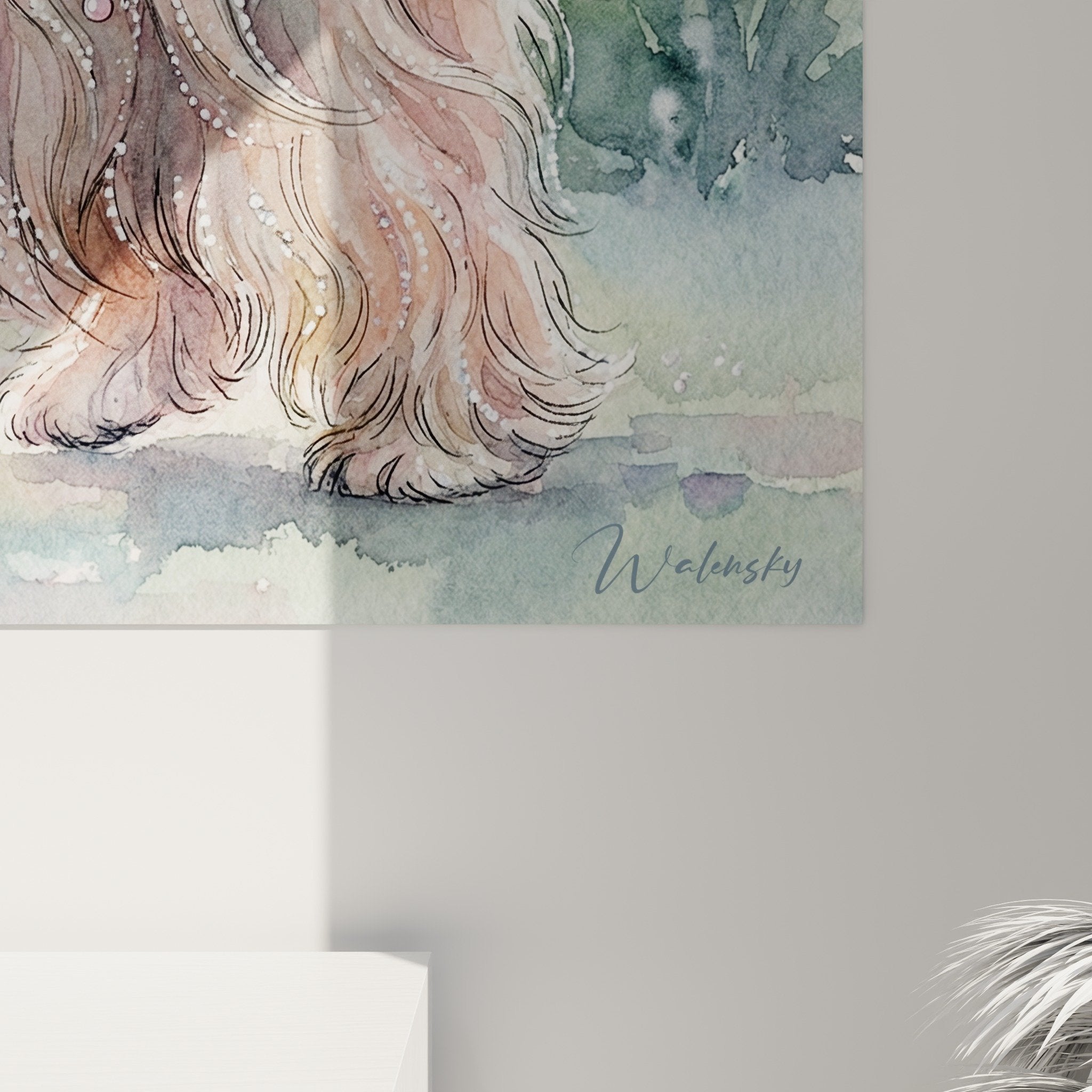 Vue ensemble tableau Lhassa Apso aquarelle pastel décoration murale élégante