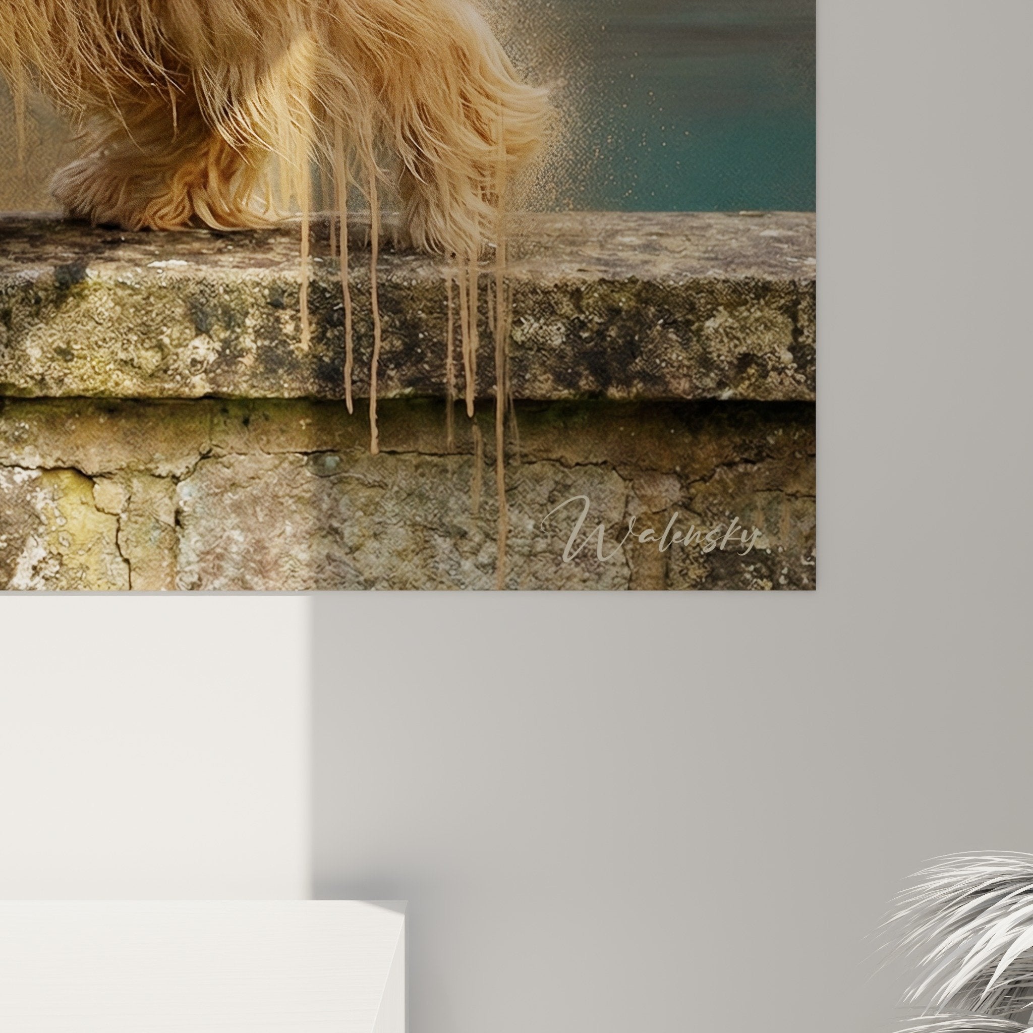 Vue ensemble tableau Lhassa Apso scene urbaine pierre ancienne tons dores et turquoise