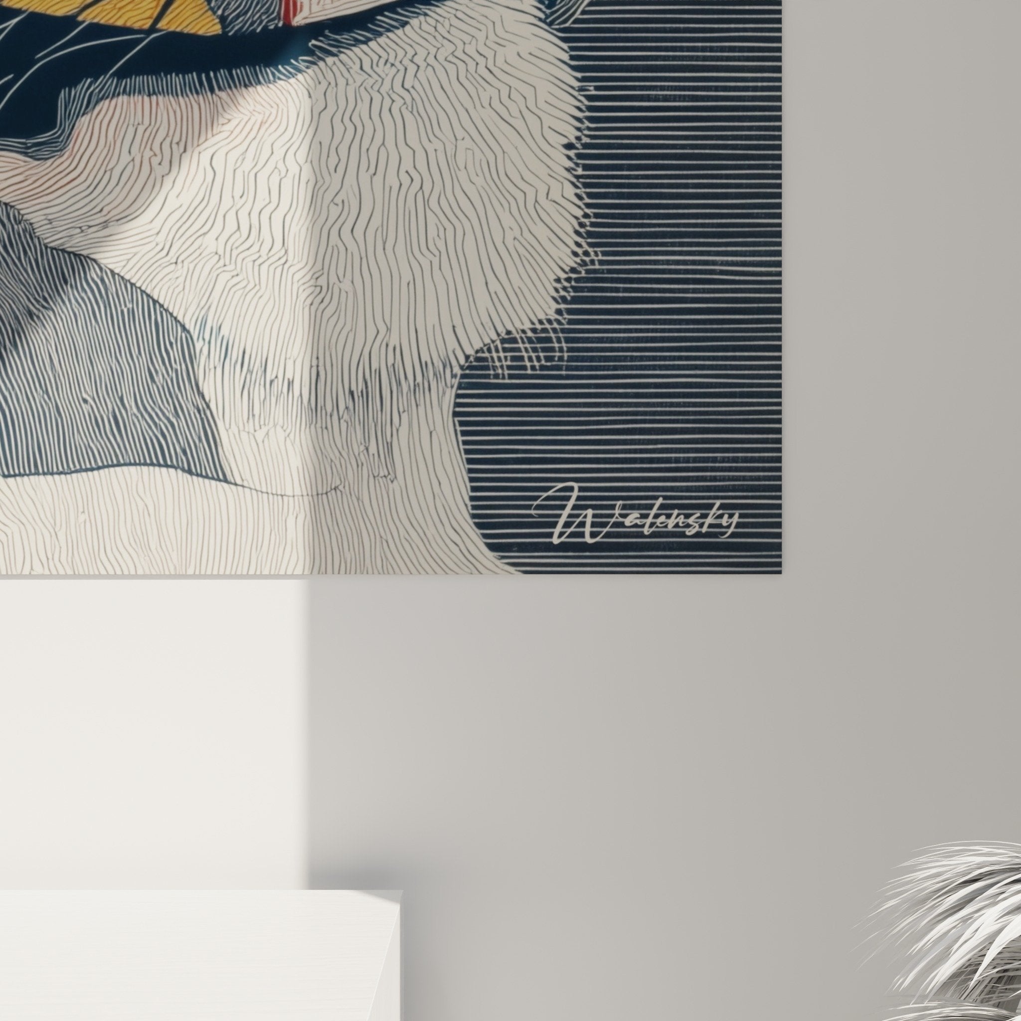 Gesamtansicht stilisiertes Löwe-Gemälde moderne Wanddekoration zeitgenössisches Design farbenfroher Wohnzimmer