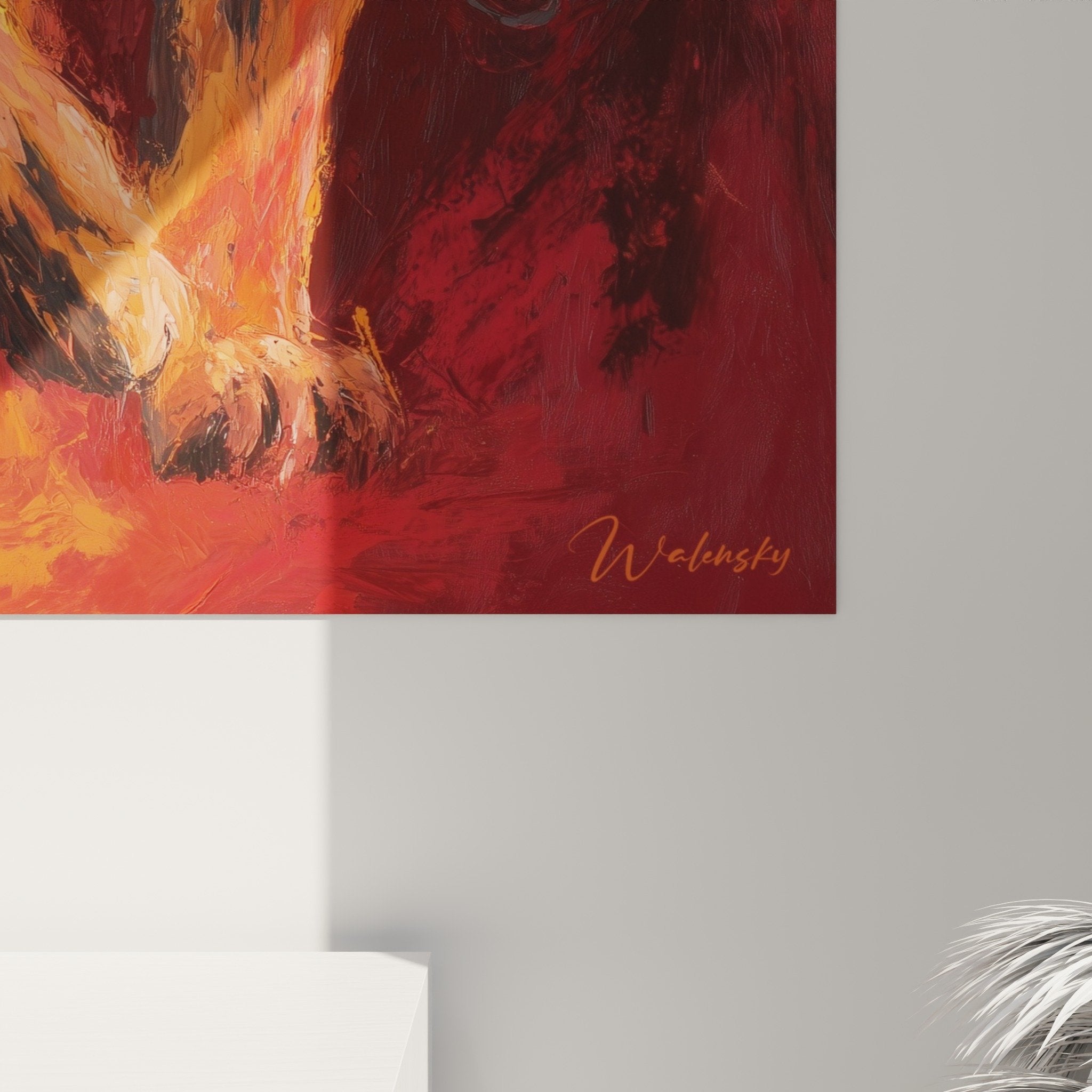 Vue ensemble tableau lion feu tons chauds orange rouge decoration murale moderne expressionniste